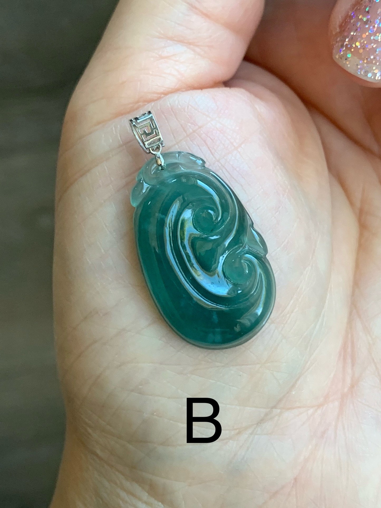 Natural Guatemalan Icy Translucent Teal Blue Jadeite Carved Ruyi Pendant 18K White Gold Bail 天然冰危蓝水翡翠如意镶嵌吊坠