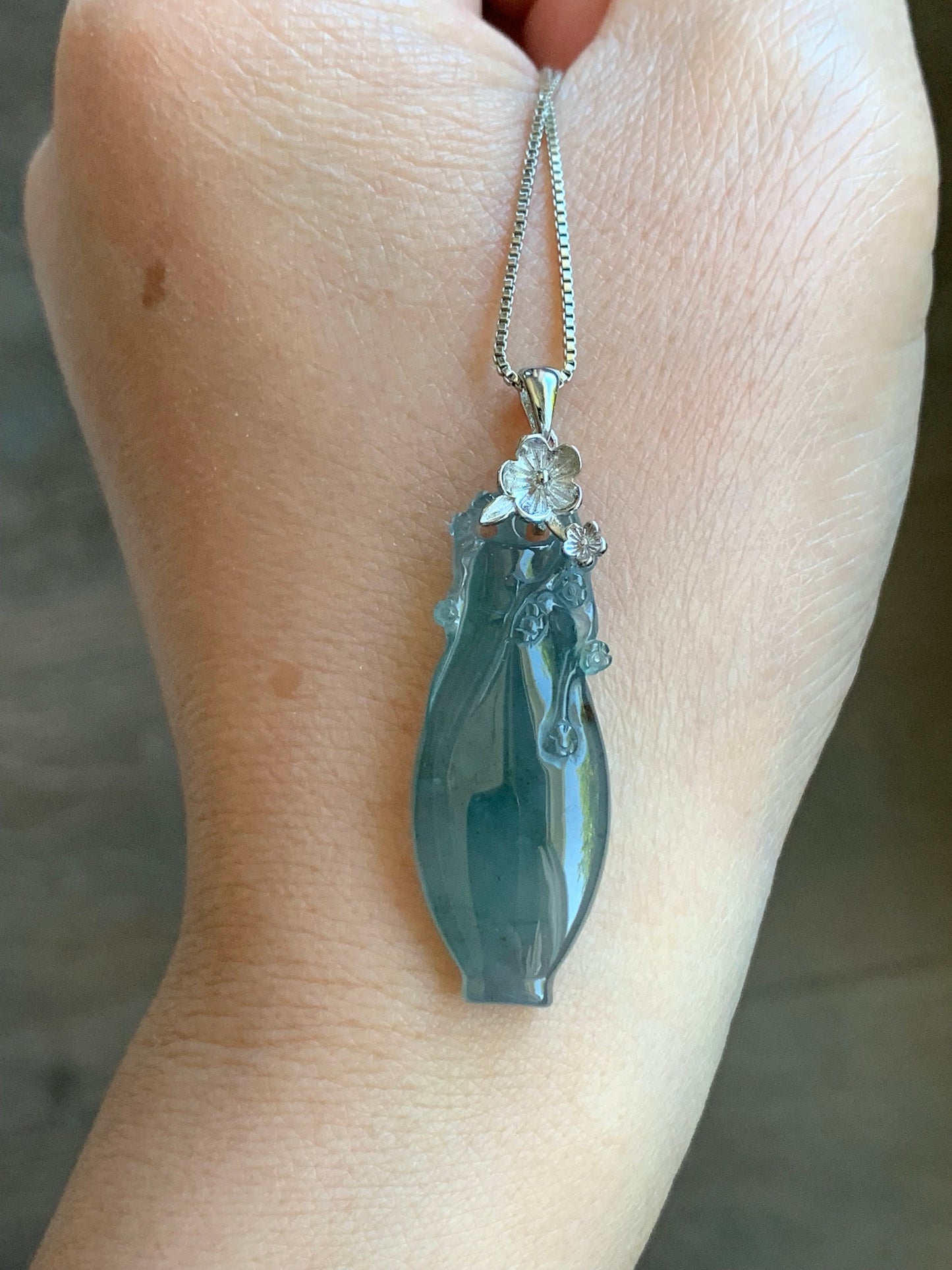 Natural Guatemalan Icy Translucent Gelatinous Teal Blue Jadeite Flower Vase Pendant Sterling Silver Cherry Blossom Bail 天然冰胶危蓝翡翠仿古雕宝瓶梅花扣头吊坠