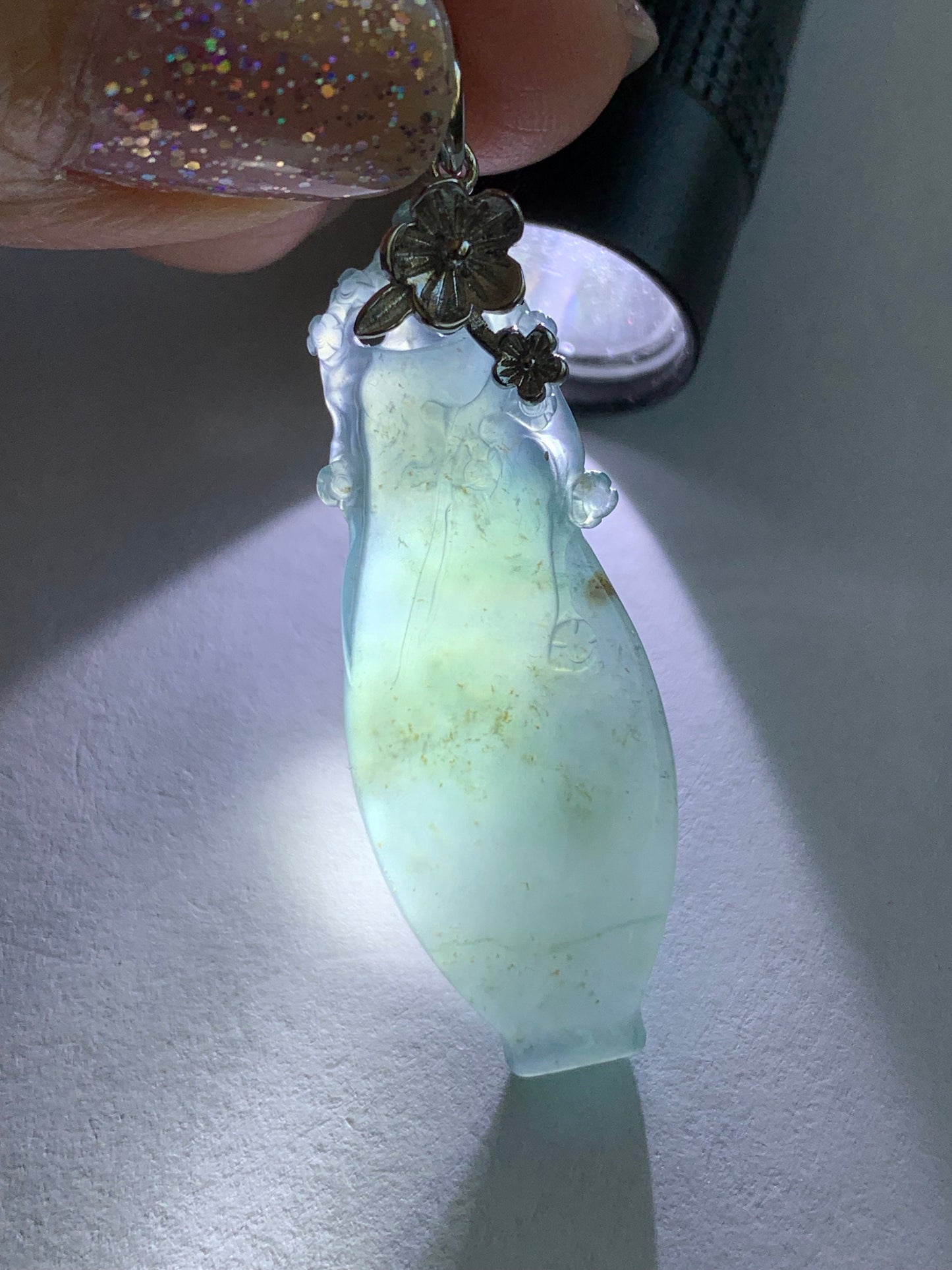 Natural Guatemalan Icy Translucent Gelatinous Teal Blue Jadeite Flower Vase Pendant Sterling Silver Cherry Blossom Bail 天然冰胶危蓝翡翠仿古雕宝瓶梅花扣头吊坠