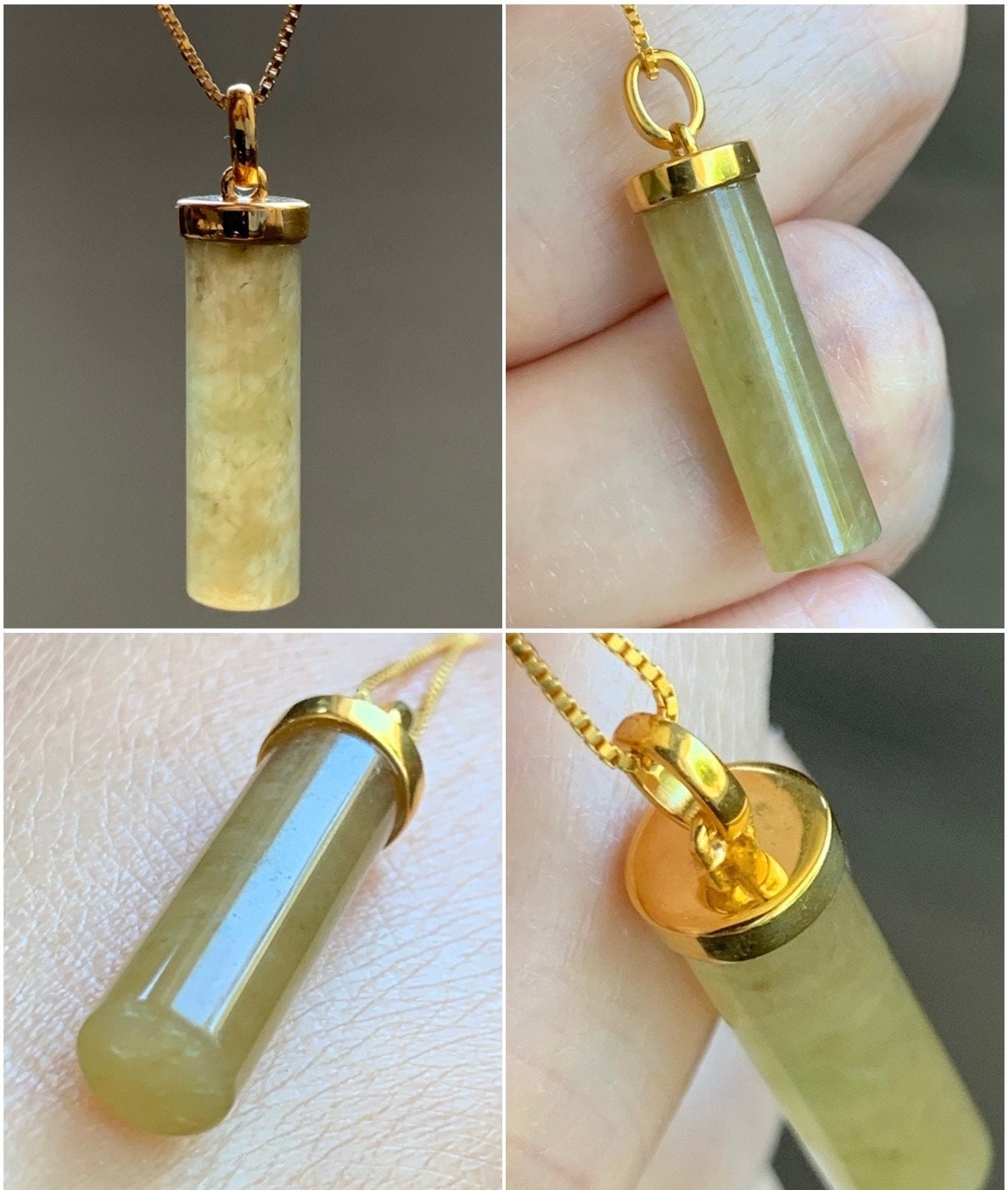 Certified Natural Burmese Icy Translucent Yellow Jadeite Pillar Cylinder Pendant 18K Yellow Gold 2.65g 天然缅甸冰黄翡翠圆柱镶嵌吊坠 7037