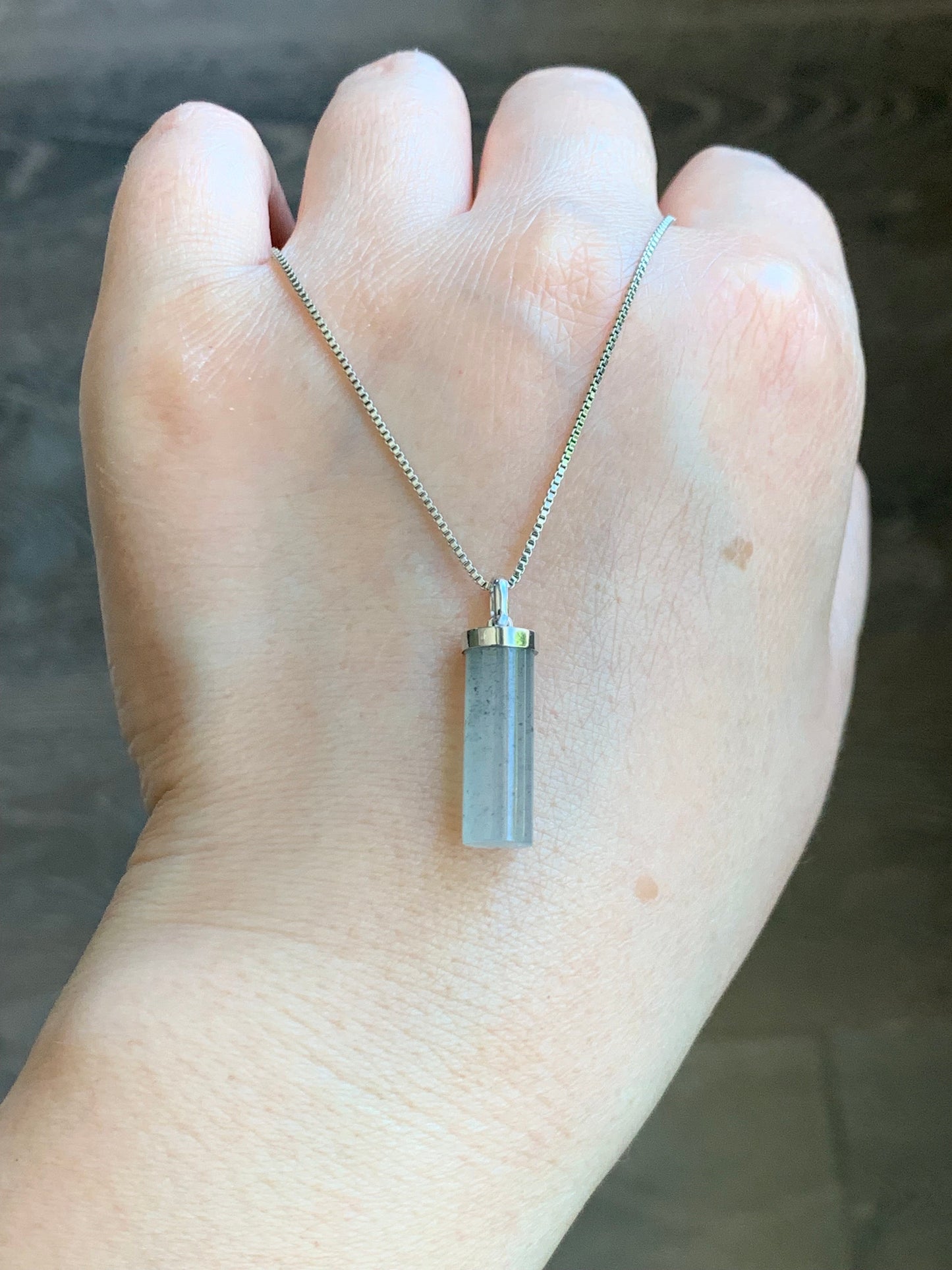 Certified Natural Burmese Icy Translucent Gelatinous Light Wuji Jadeite Cylinder Pendant 18K White Gold Bail 2.41g 天然缅甸冰乌鸡翡翠椭圆圆柱镶嵌吊坠 7036