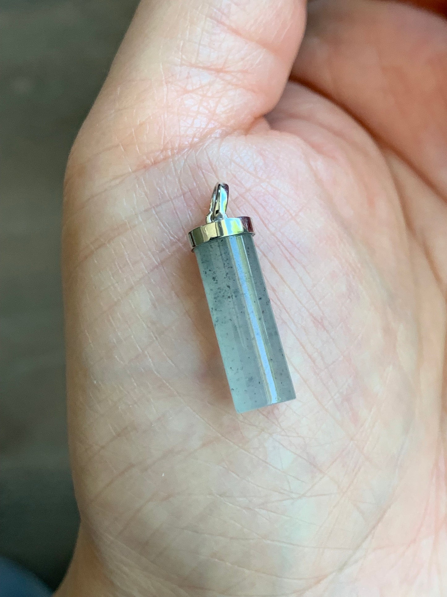 Certified Natural Burmese Icy Translucent Gelatinous Light Wuji Jadeite Cylinder Pendant 18K White Gold Bail 2.41g 天然缅甸冰乌鸡翡翠椭圆圆柱镶嵌吊坠 7036