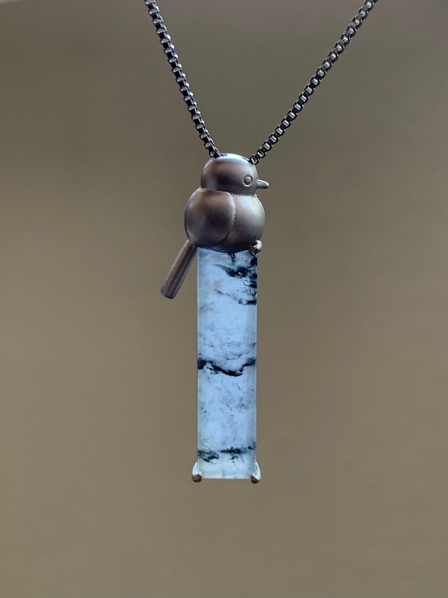 Certified Natural Burmese Icy Highly Translucent Wuji Jadeite Elongated Rectangle Pendant 18K White Gold Bird Design 天然缅甸老种冰乌鸡翡翠小鸟镶嵌吊坠 7069