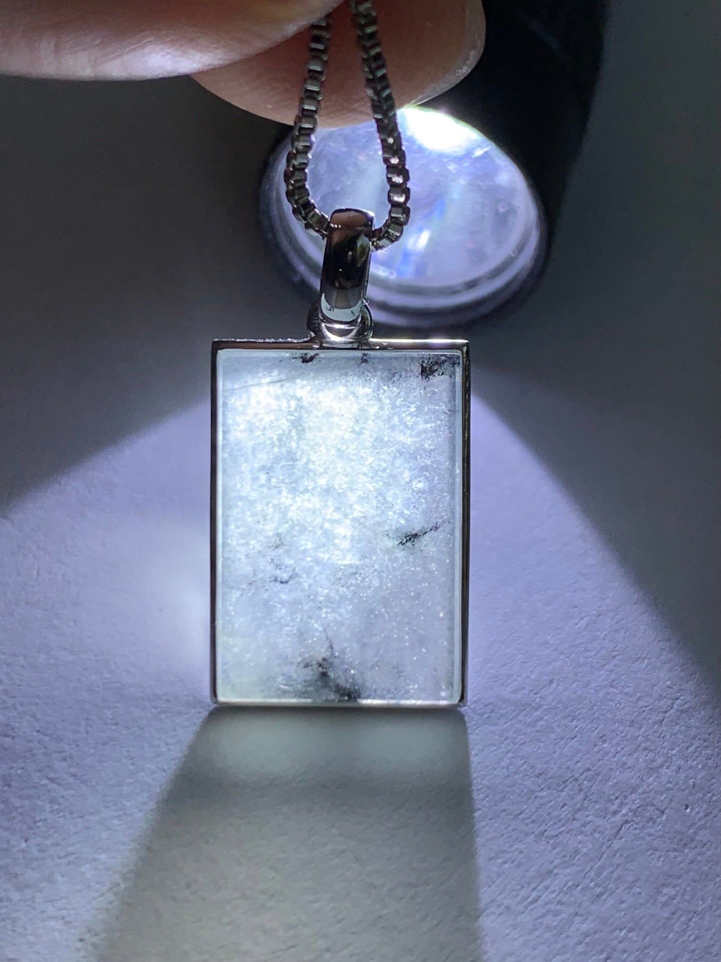 Certified Natural Burmese Icy Highly Translucent Wuji Jadeite Rectangle Wu Shi Pai Blessing Amulet 18K White Gold 天然缅甸冰胶乌鸡翡翠无事牌镶嵌吊坠 7065