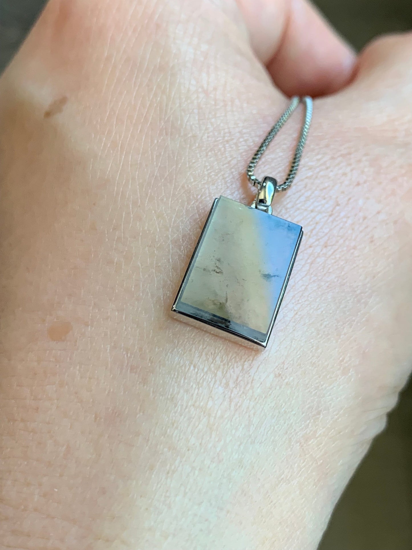 Certified Natural Burmese Icy Highly Translucent Wuji Jadeite Rectangle Wu Shi Pai Blessing Amulet 18K White Gold 天然缅甸冰胶乌鸡翡翠无事牌镶嵌吊坠 7065