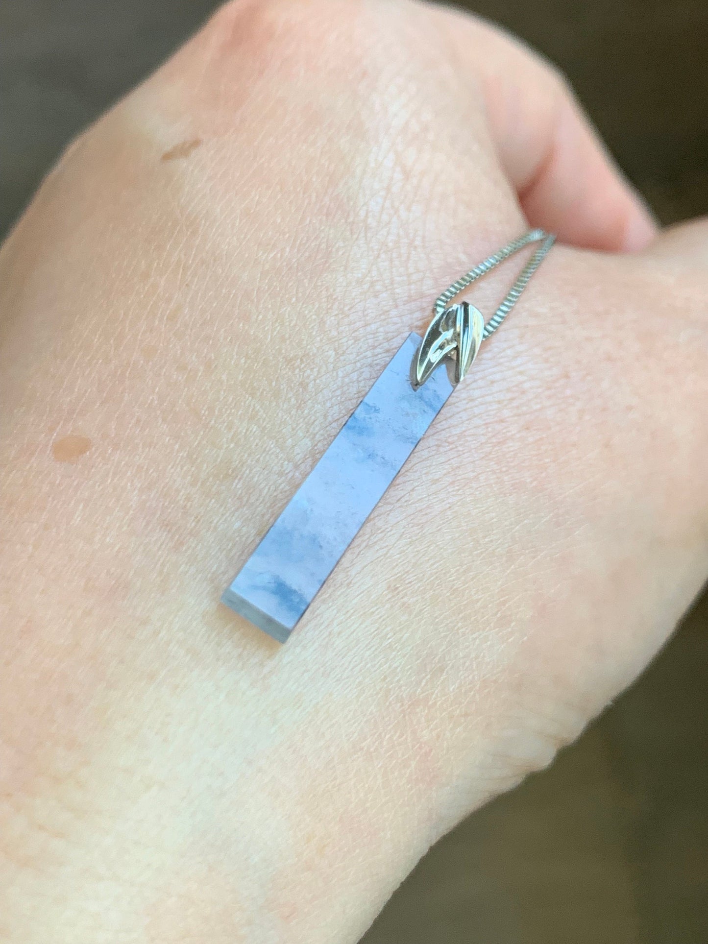 Certified Natural Burmese Icy Highly Translucent Wuji Jadeite Elongated Rectangle Pendant 18K White Gold Leaf Bail 天然缅甸老种冰乌鸡翡翠树叶款镶嵌吊坠 7068