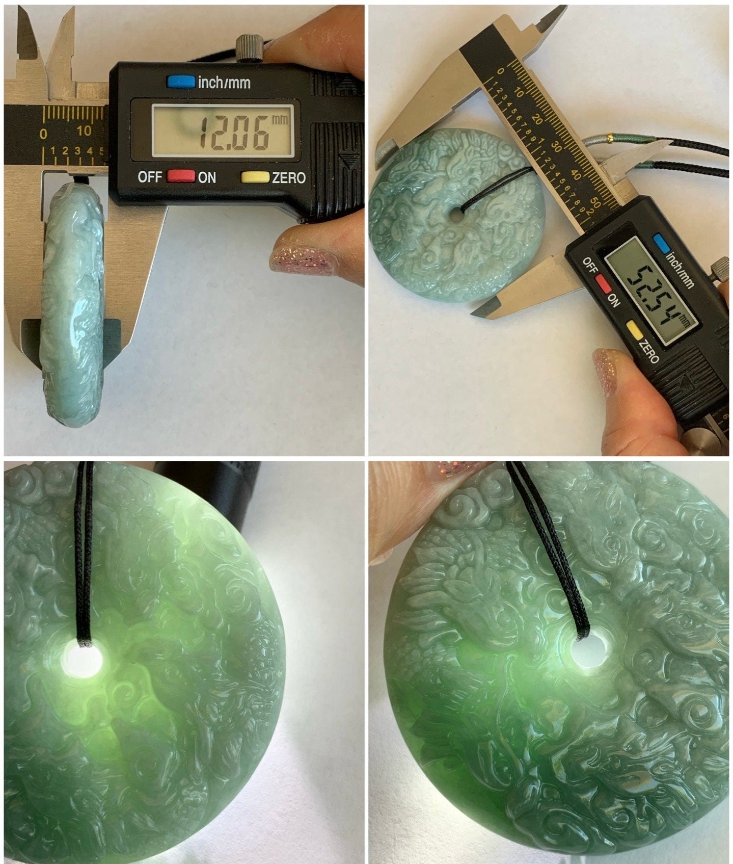 Natural Burmese Semi-Translucent Light Green Jadeite w/ Dusty Green Marbling Nine Dragons Pendant Rope Necklace 25" 65g 天然缅甸淡绿翡翠九龙牌双面雕吊坠