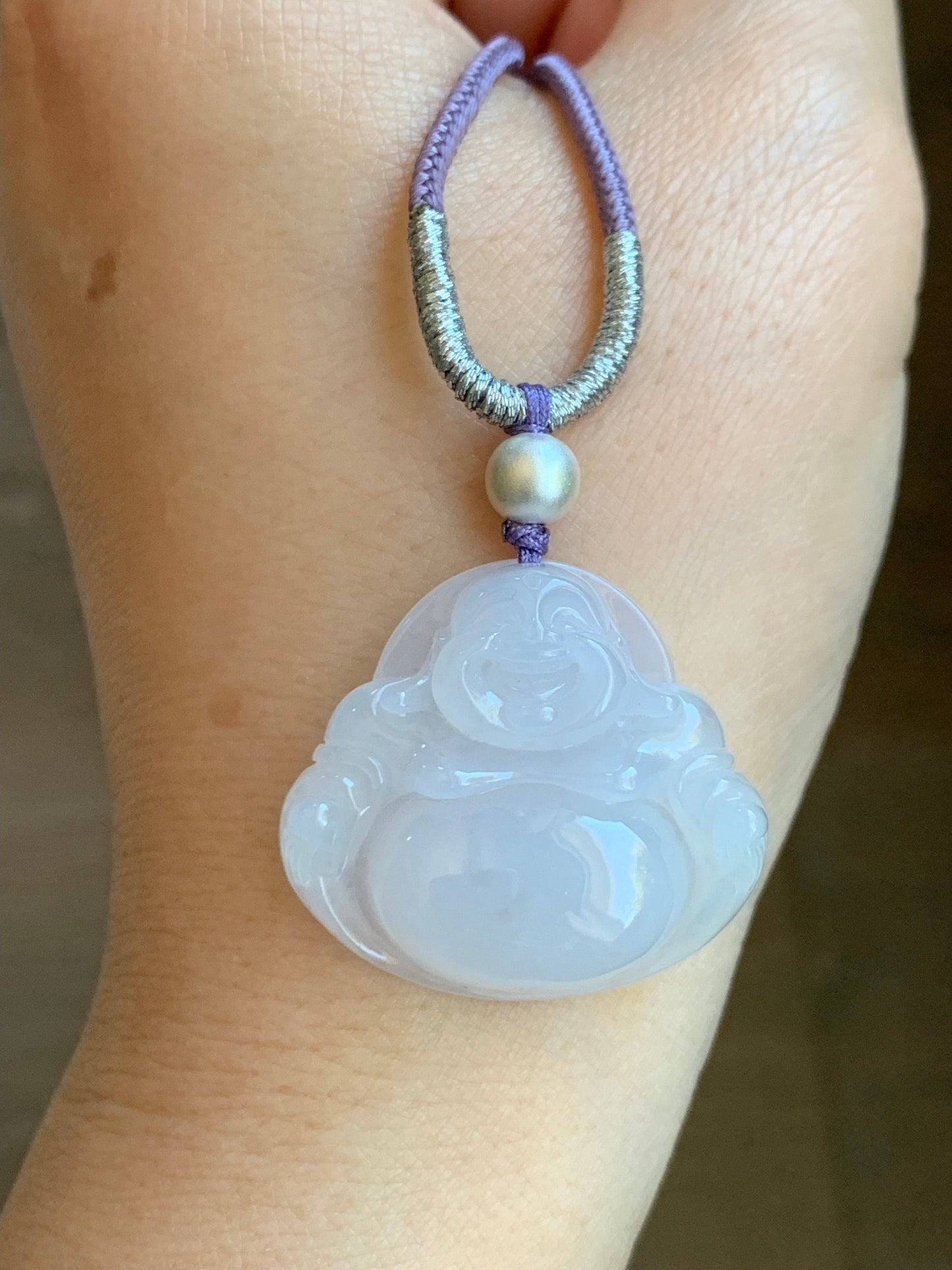 Certified Natural Burmese Icy Translucent Pale Purple Jadeite Buddha Pendant Rope Necklace Sterling Silver 23” 天然缅甸冰淡紫底翡翠佛公吊坠 7076