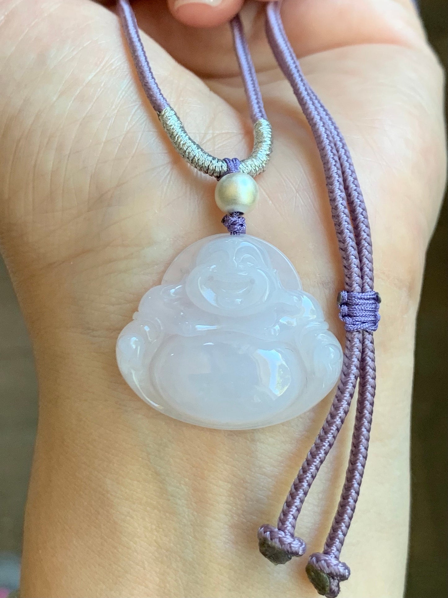 Certified Natural Burmese Icy Translucent Pale Purple Jadeite Buddha Pendant Rope Necklace Sterling Silver 26” 天然缅甸冰淡紫底翡翠佛公吊坠 7077