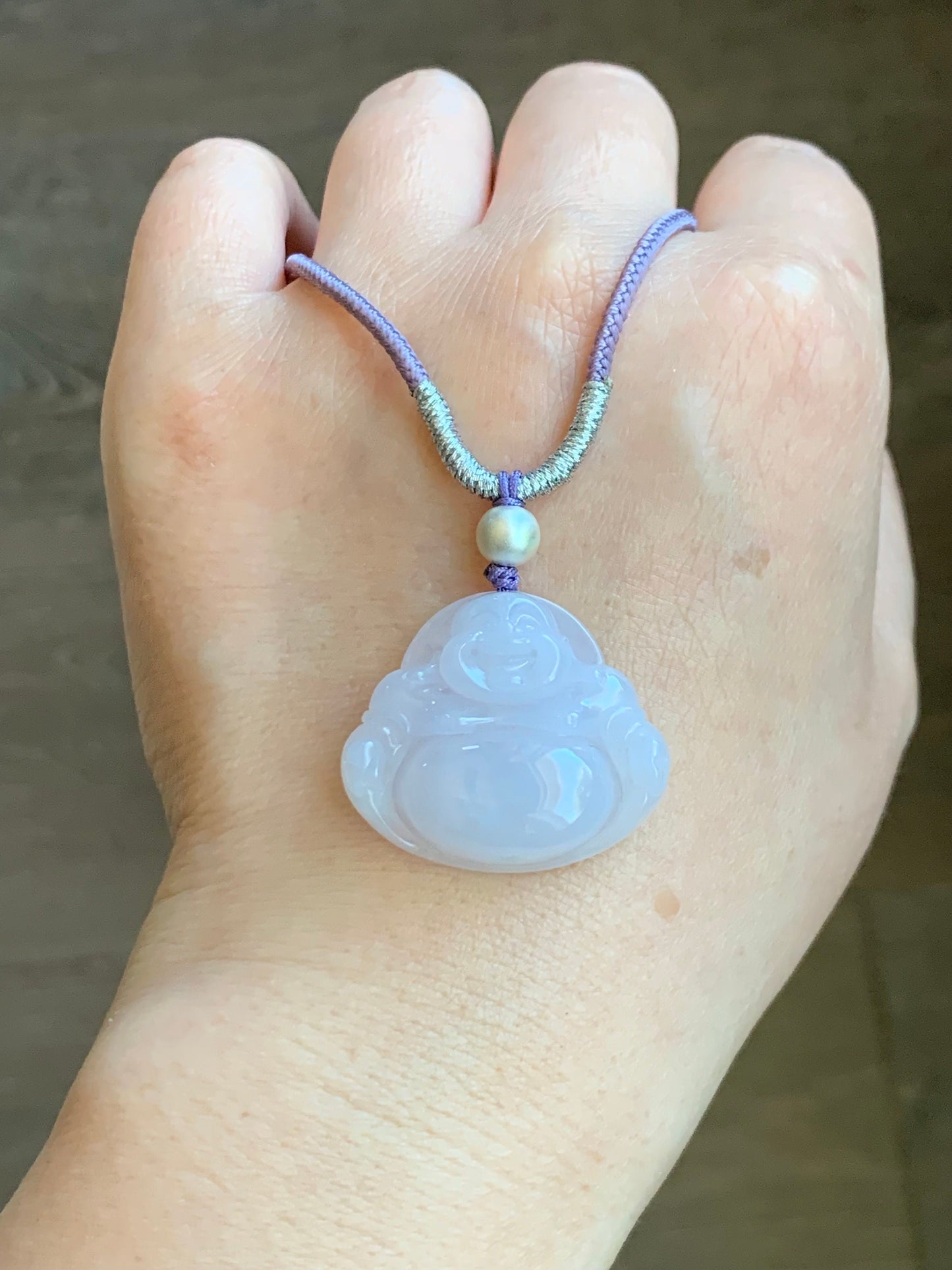 Certified Natural Burmese Icy Translucent Pale Purple Jadeite Buddha Pendant Rope Necklace Sterling Silver 26” 天然缅甸冰淡紫底翡翠佛公吊坠 7077