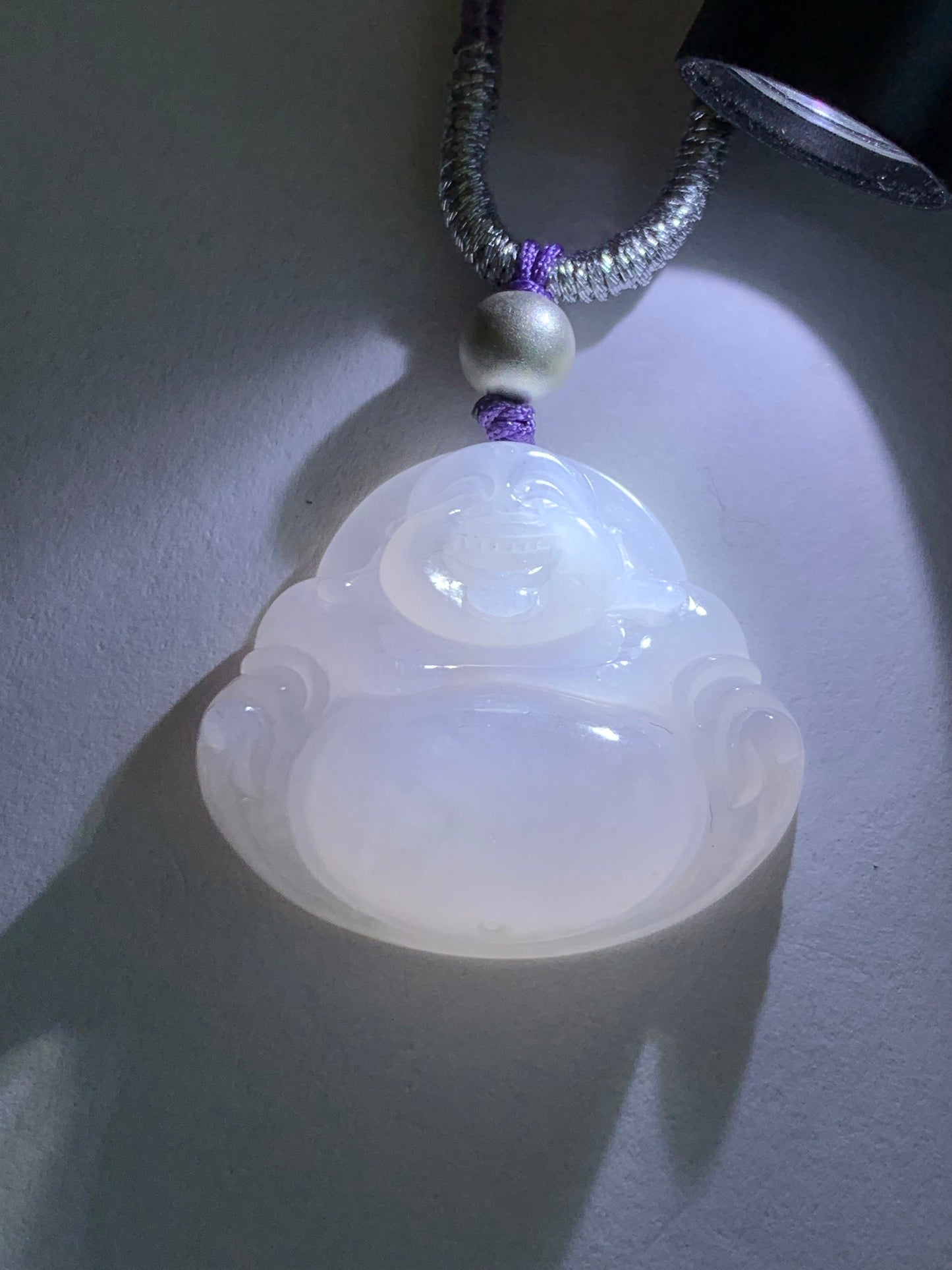 Certified Natural Burmese Icy Translucent Pale Purple Jadeite Buddha Pendant Rope Necklace Sterling Silver 26” 天然缅甸冰淡紫底翡翠佛公吊坠 7077