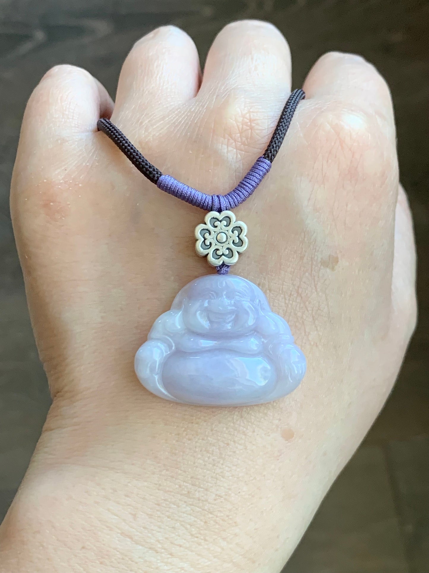 Certified Natural Burmese Icy Translucent Light Purple Jadeite Buddha Pendant Rope Necklace Sterling Silver 30” 天然缅甸冰淡紫底翡翠佛公吊坠 7075
