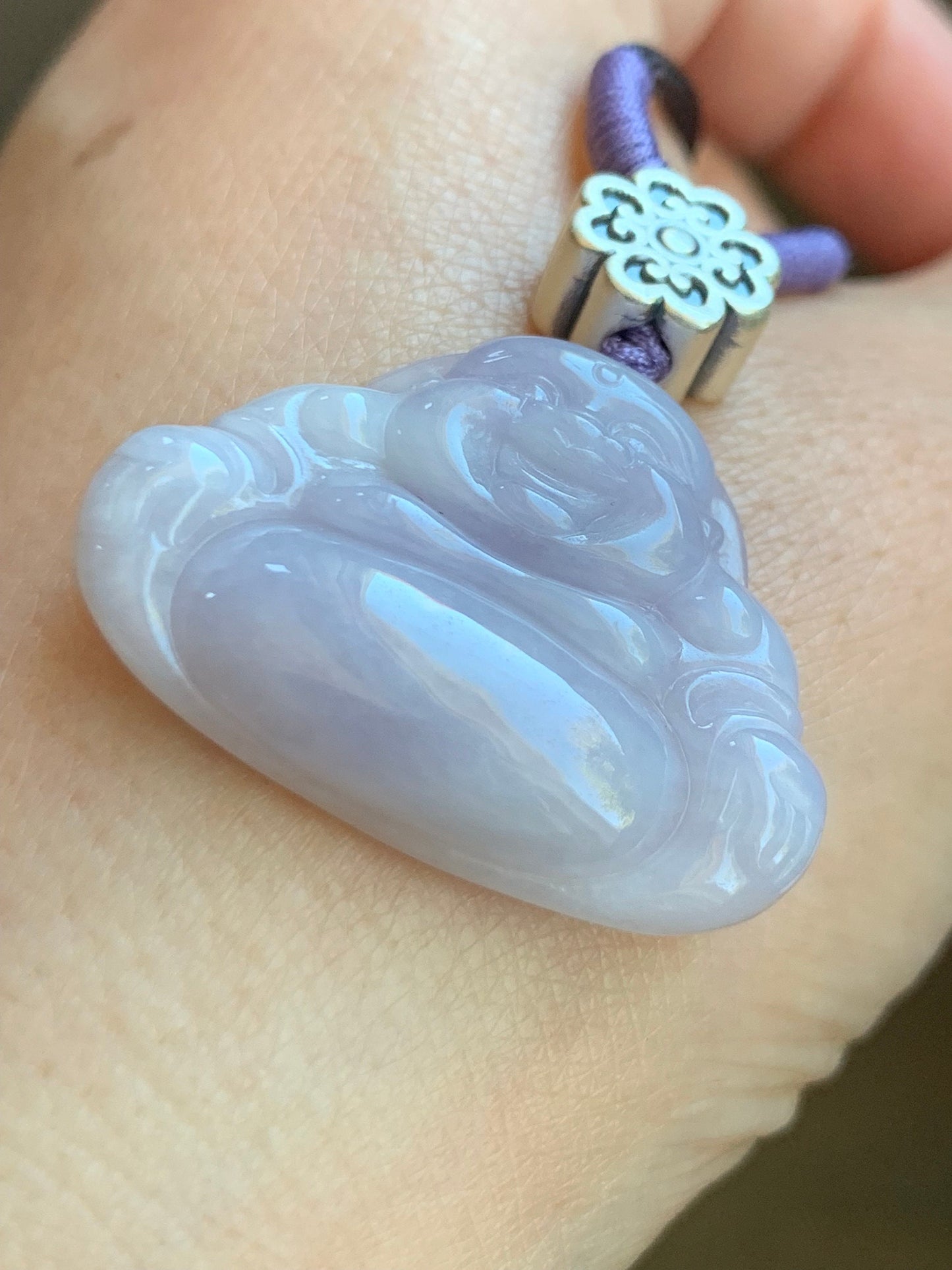 Certified Natural Burmese Icy Translucent Light Purple Jadeite Buddha Pendant Rope Necklace Sterling Silver 30” 天然缅甸冰淡紫底翡翠佛公吊坠 7075