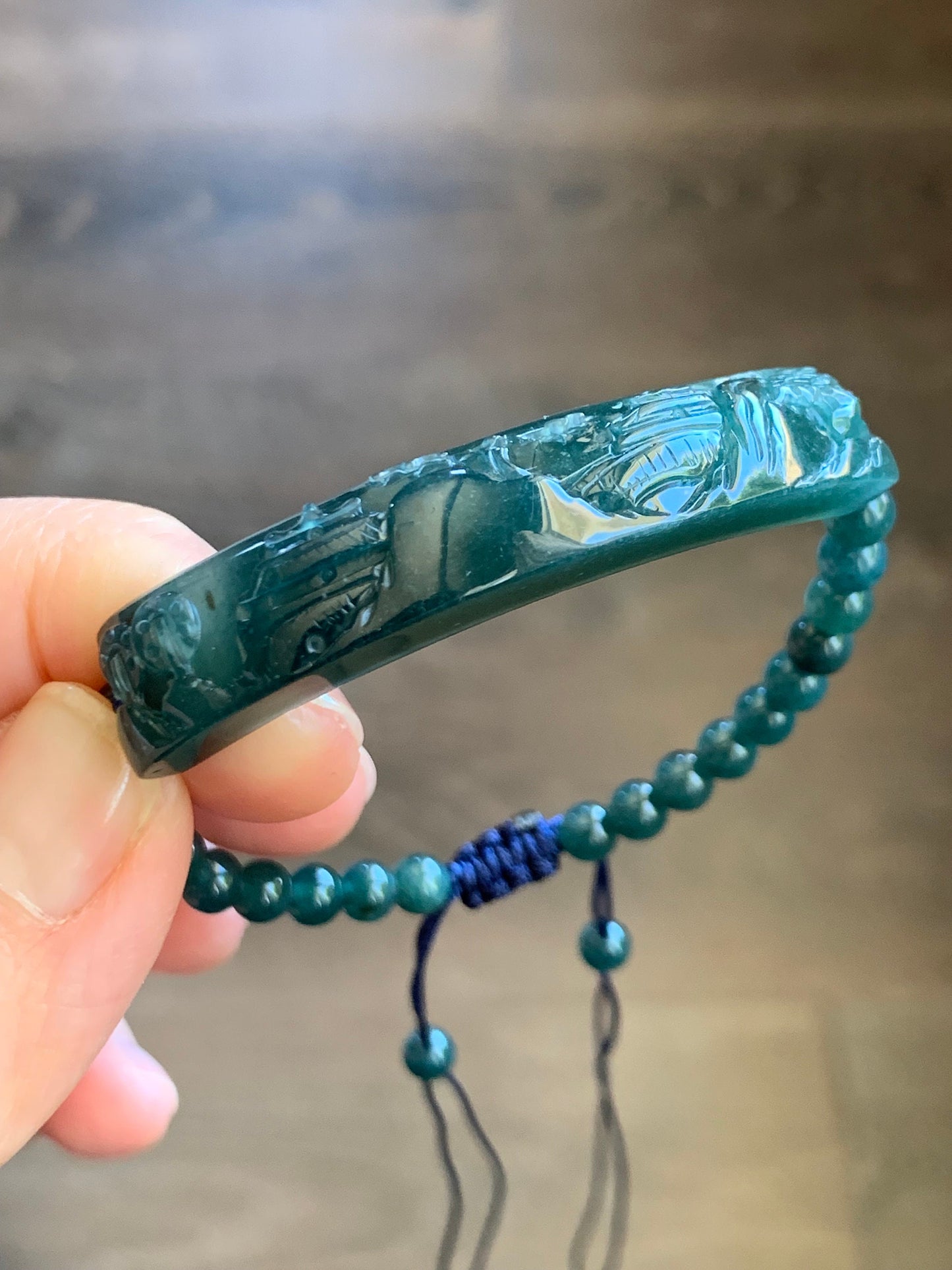 Natural Guatemalan Icy Translucent Gelatinous Deep Teal Blue Purple Marbled Jadeite Shan Shui Cuff Beaded Bracelet 6.75” 15g 天然冰危湖水绿翡翠山水牌手串
