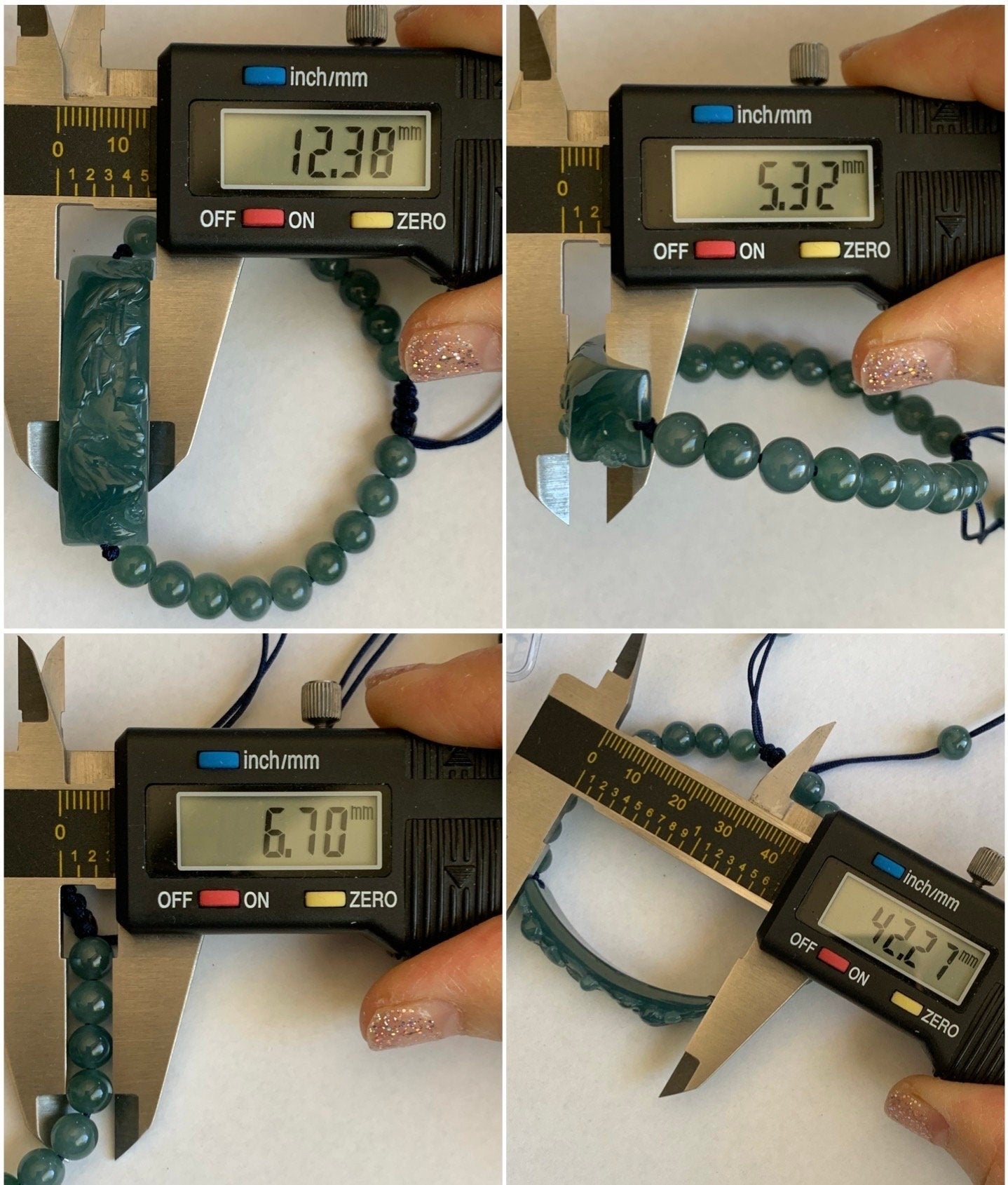 Natural Guatemalan Icy Translucent Gelatinous Dusty Teal Blue Jadeite Carved Shan Shui Cuff Beaded Bracelet 6.75” 19g 天然冰危蓝绿翡翠山水牌手串
