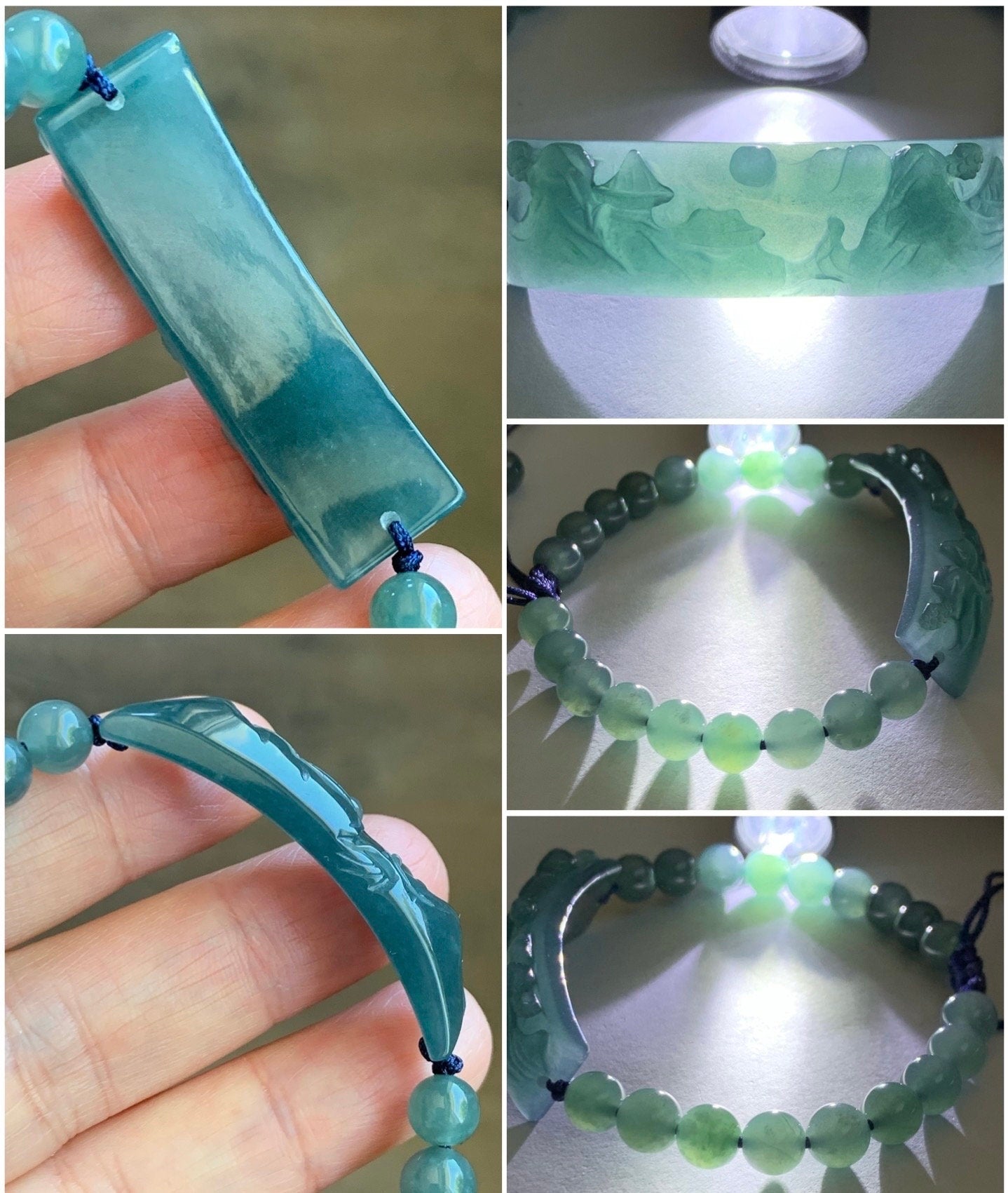 Natural Guatemalan Icy Translucent Gelatinous Dusty Teal Blue Jadeite Carved Shan Shui Cuff Beaded Bracelet 6.75” 19g 天然冰危蓝绿翡翠山水牌手串