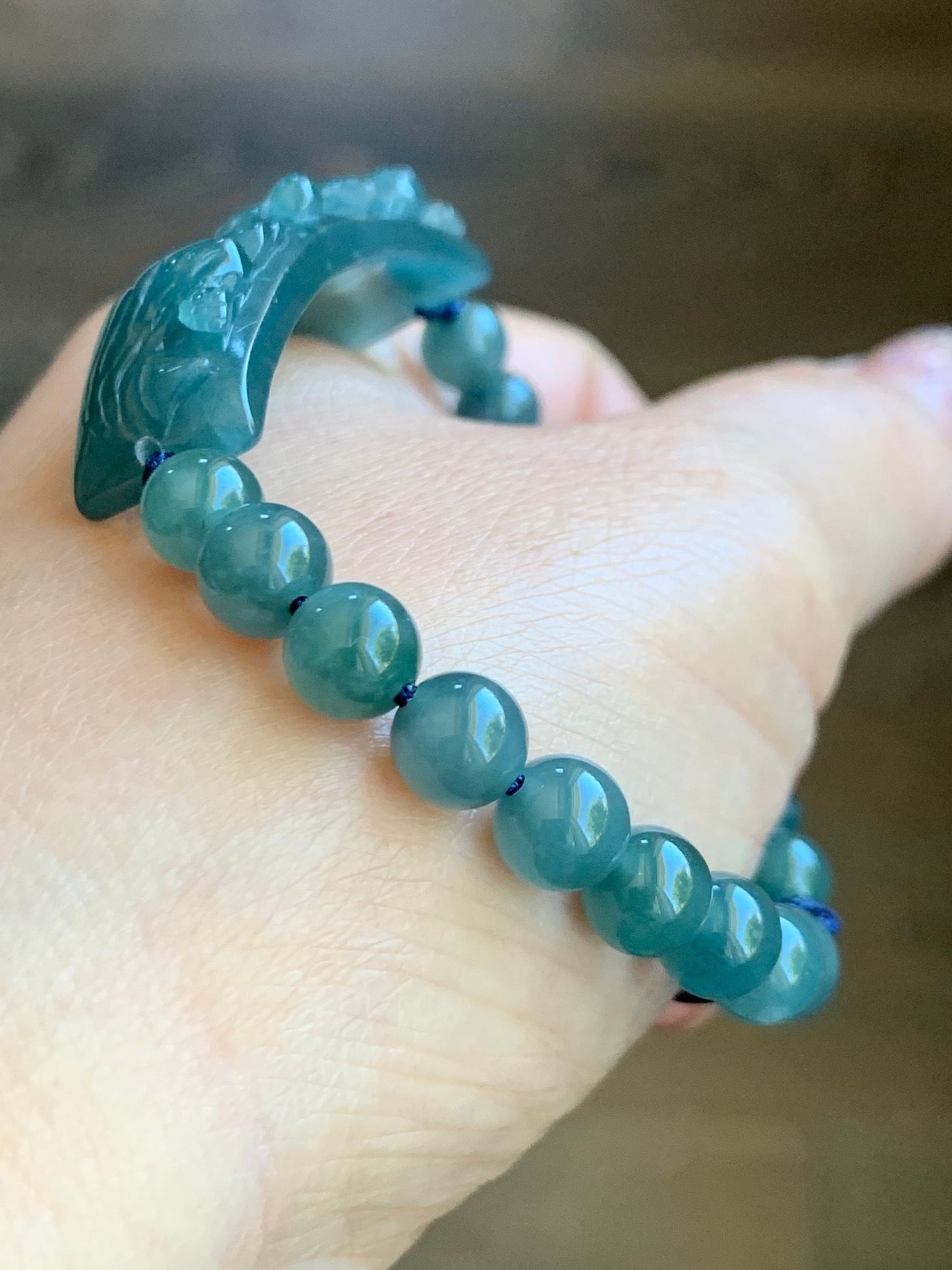 Natural Guatemalan Icy Translucent Gelatinous Dusty Teal Blue Jadeite Carved Shan Shui Cuff Beaded Bracelet 6.75” 19g 天然冰危蓝绿翡翠山水牌手串