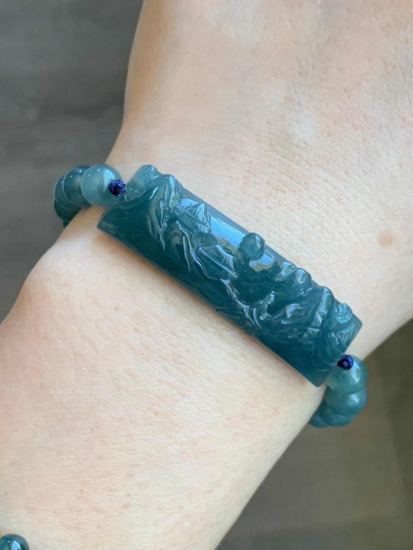 Natural Guatemalan Icy Translucent Gelatinous Dusty Teal Blue Jadeite Carved Shan Shui Cuff Beaded Bracelet 6.75” 19g 天然冰危蓝绿翡翠山水牌手串
