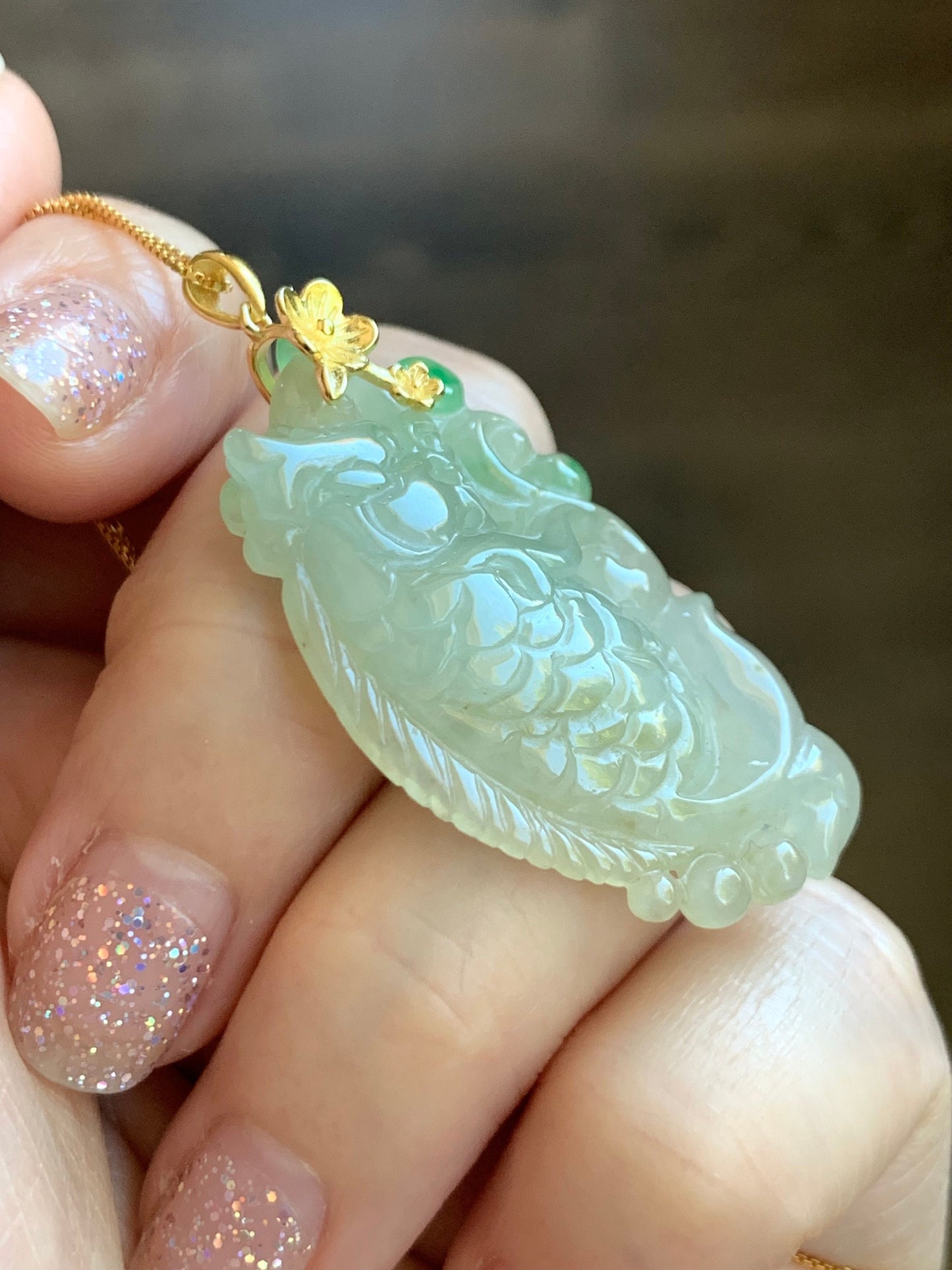 Natural Burmese Icy Translucent Tea Yellow & Vibrant Green Jadeite Carved Dragon Fish Ruyi Pendant Sterling Silver 天然缅甸冰茶黄飘绿花翡翠鳌鱼如意吊坠