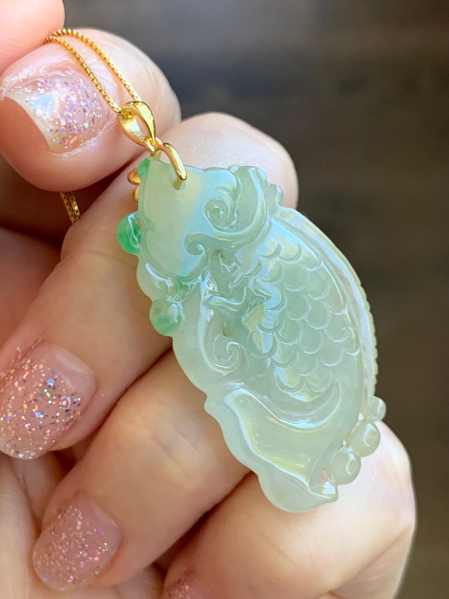 Natural Burmese Icy Translucent Tea Yellow & Vibrant Green Jadeite Carved Dragon Fish Ruyi Pendant Sterling Silver 天然缅甸冰茶黄飘绿花翡翠鳌鱼如意吊坠