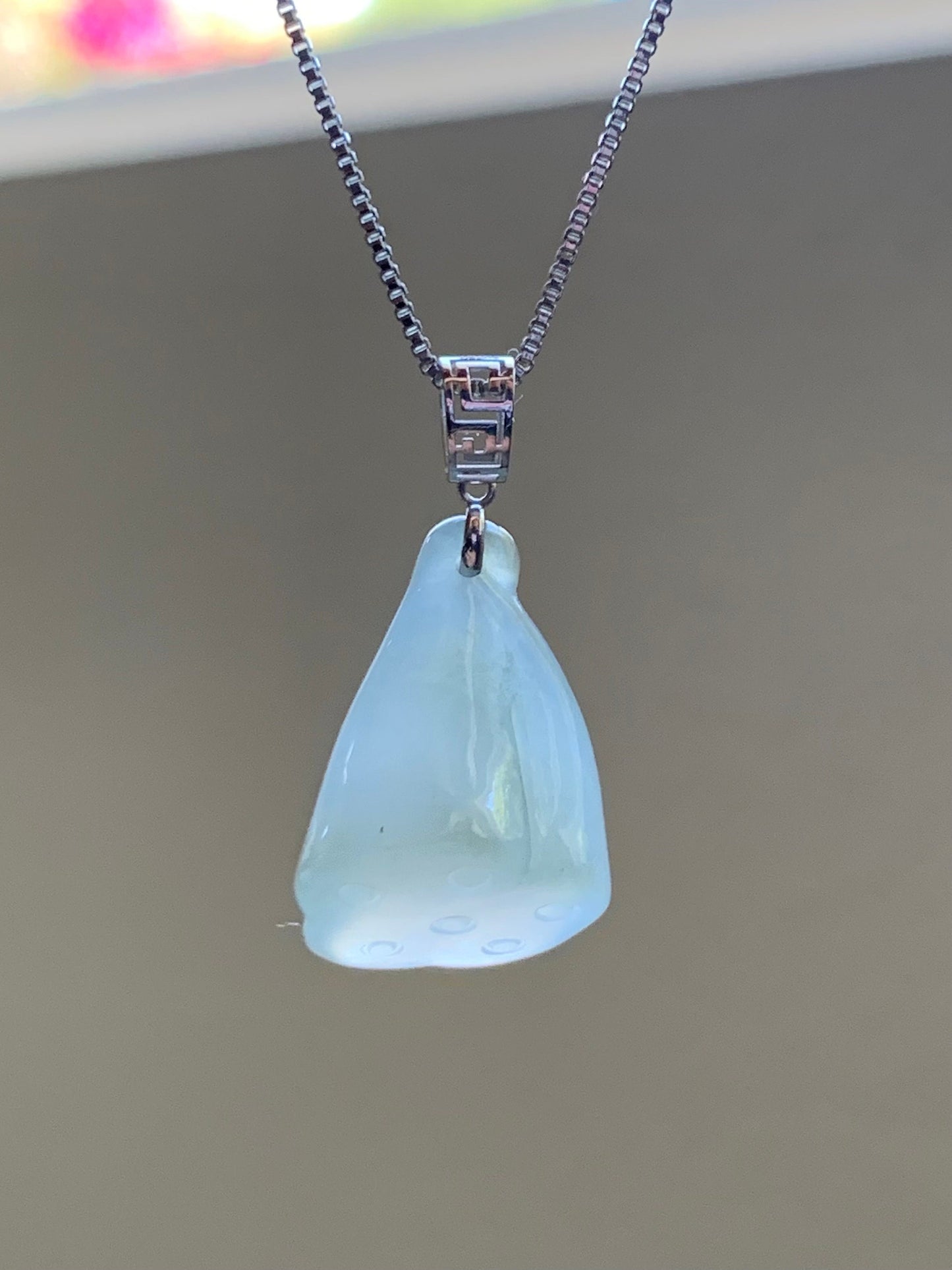 Natural Burmese Icy Translucent Gelatinous Light Green Jadeite Carved Lotus Pod Pendant 18K White Gold 天然缅甸冰晴底翡翠莲蓬镶嵌吊坠