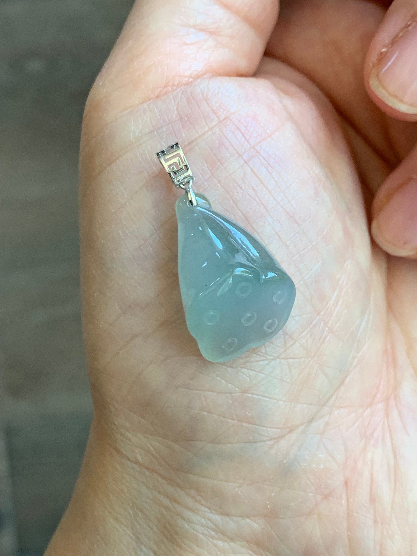 Natural Burmese Icy Translucent Gelatinous Light Green Jadeite Carved Lotus Pod Pendant 18K White Gold 天然缅甸冰晴底翡翠莲蓬镶嵌吊坠