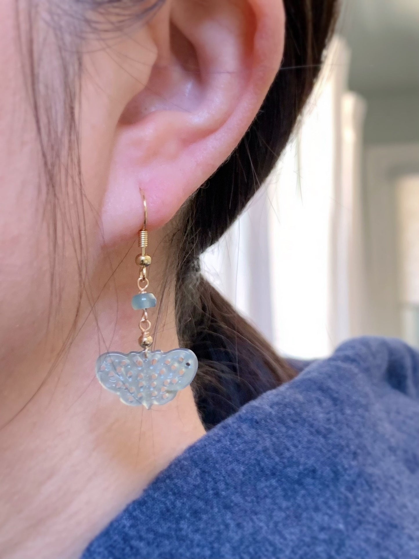 Natural Guatemalan Icy Highly Translucent Light Blue Jadeite Openwork Engraved Butterfly Dangle Earrings 14K gold plated 天然冰危蓝翡翠镂空雕蝴蝶包金耳钩