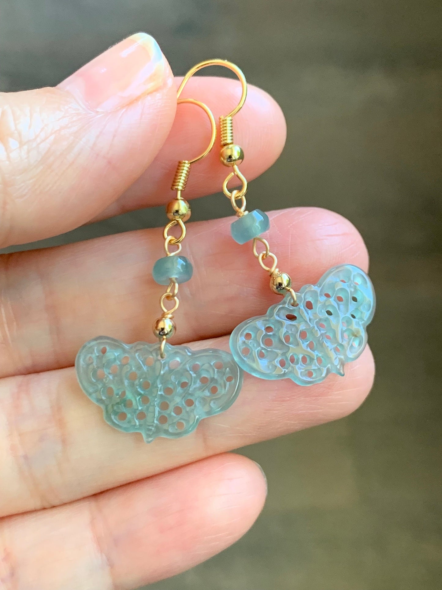 Natural Guatemalan Icy Highly Translucent Light Blue Jadeite Openwork Engraved Butterfly Dangle Earrings 14K gold plated 天然冰危蓝翡翠镂空雕蝴蝶包金耳钩