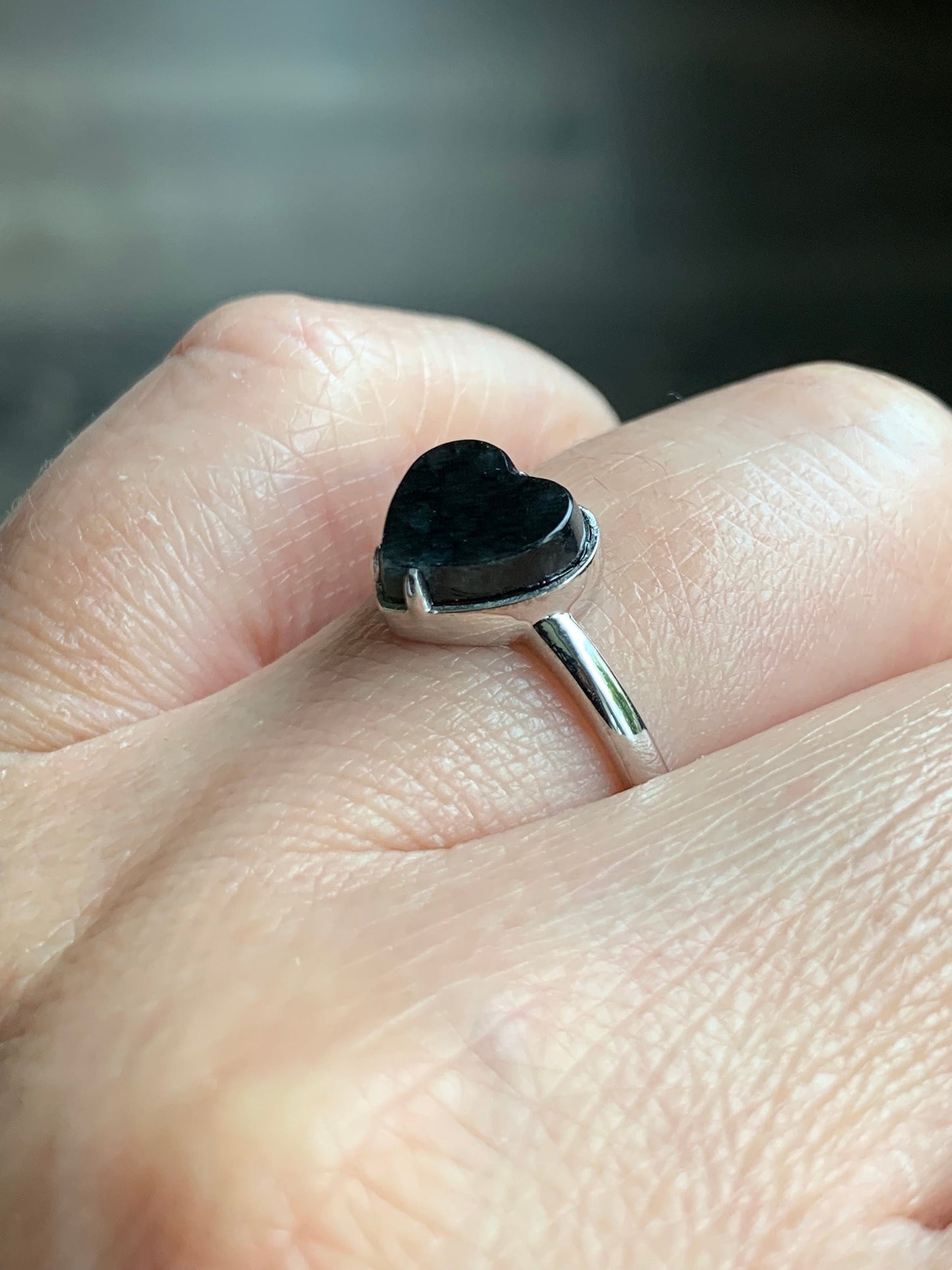 Certified Natural Burmese Icy Translucent Dark Wuji Jadeite Heart Ring 18K White Gold Size 7.25 2.23g 天然缅甸冰乌鸡翡翠爱心蛋面镶嵌戒指 7046