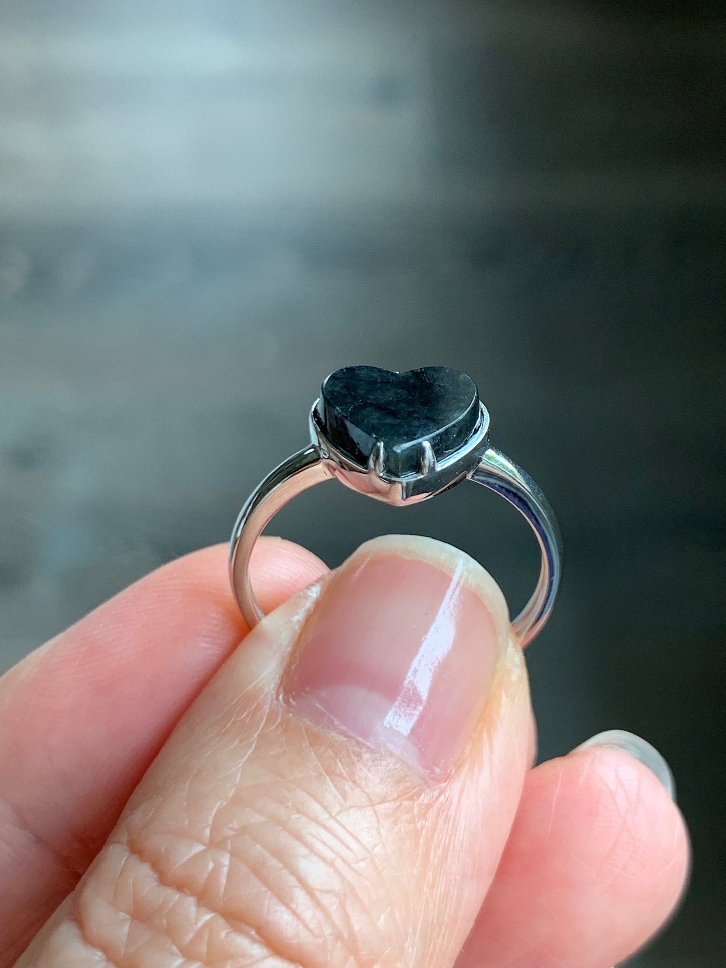Certified Natural Burmese Icy Translucent Dark Wuji Jadeite Heart Ring 18K White Gold Size 7.25 2.23g 天然缅甸冰乌鸡翡翠爱心蛋面镶嵌戒指 7046