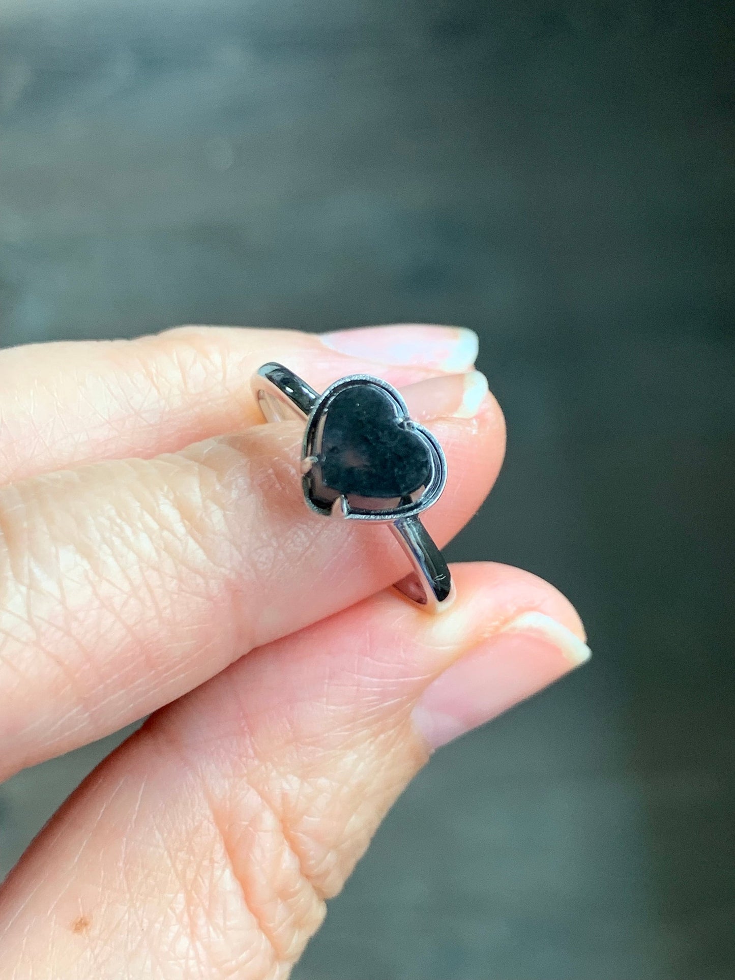 Certified Natural Burmese Icy Translucent Dark Wuji Jadeite Heart Ring 18K White Gold Size 7.25 2.41g 天然缅甸冰乌鸡翡翠爱心蛋面镶嵌戒指 7045
