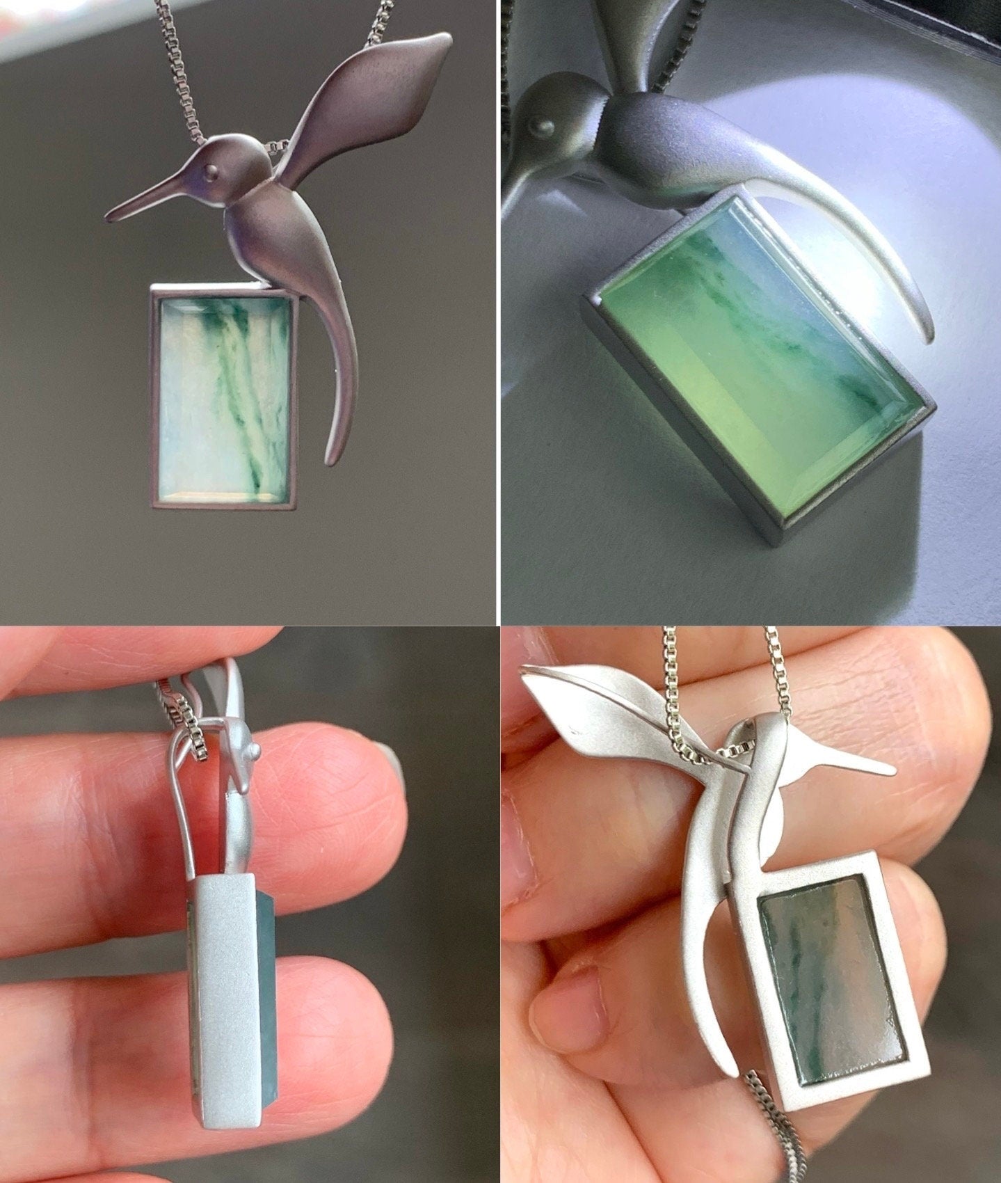 Certified Natural Burmese Icy Translucent Light Green Green Marbled Jadeite Hummingbird Pendant Sterling Silver 6.6g 天然缅甸冰飘花翡翠无事牌蜂鸟吊坠 7060