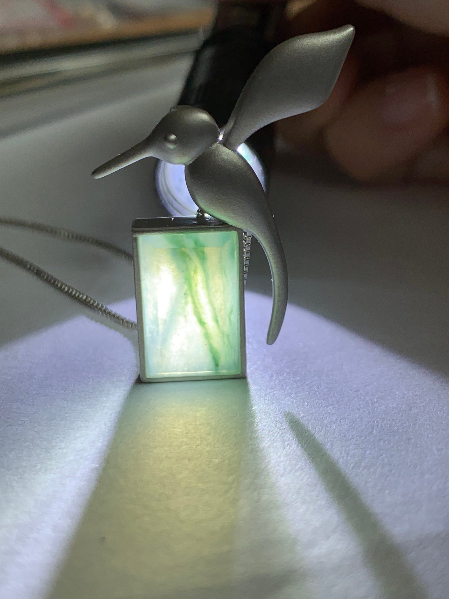 Certified Natural Burmese Icy Translucent Light Green Green Marbled Jadeite Hummingbird Pendant Sterling Silver 6.6g 天然缅甸冰飘花翡翠无事牌蜂鸟吊坠 7060