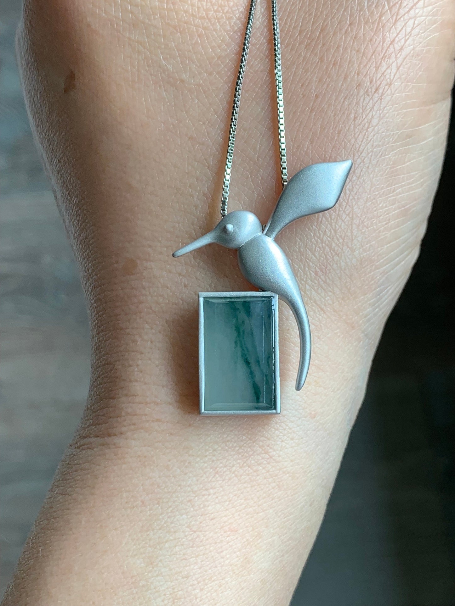 Certified Natural Burmese Icy Translucent Light Green Green Marbled Jadeite Hummingbird Pendant Sterling Silver 6.6g 天然缅甸冰飘花翡翠无事牌蜂鸟吊坠 7060