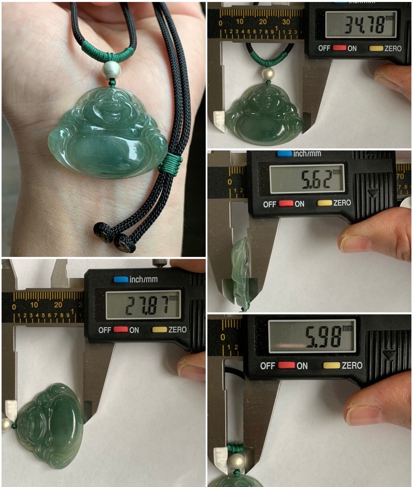 Natural Burmese Icy Translucent Gelatinous Dark "Tea" Green Jadeite Buddha Pendant Rope Necklace Sterling Silver 28” 天然缅甸老油青翡翠佛公吊坠 LYQ225D