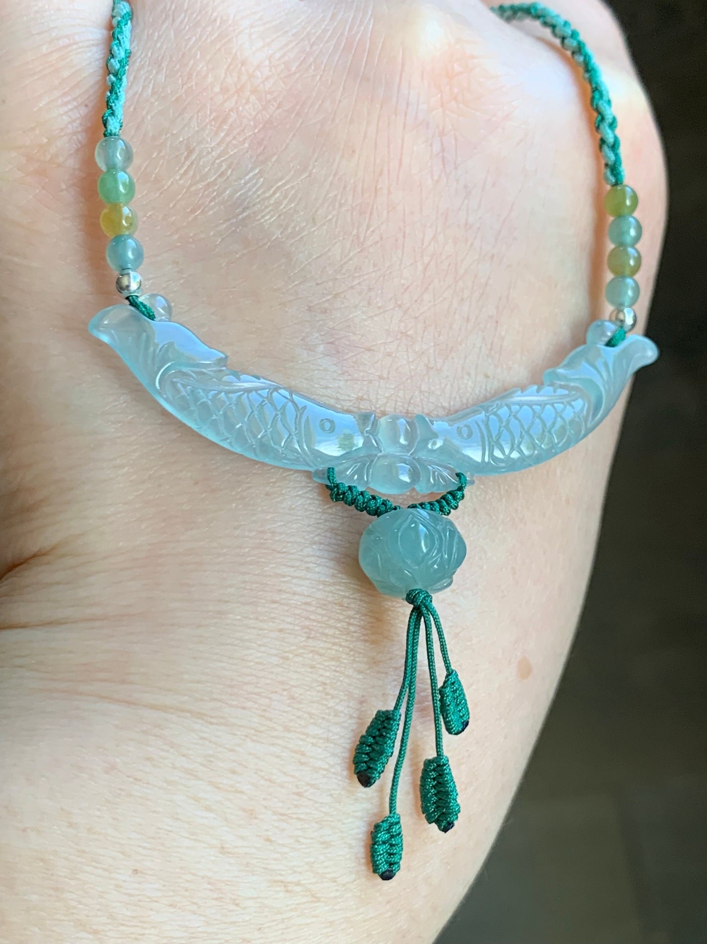 Natural Burmese Icy Translucent Gelatinous Light Green Jadeite Double Fish Lotus Flower Pendant Rope Necklace S925 Silver 天然缅甸高冰胶晴底翡翠双鱼玉横锁骨链