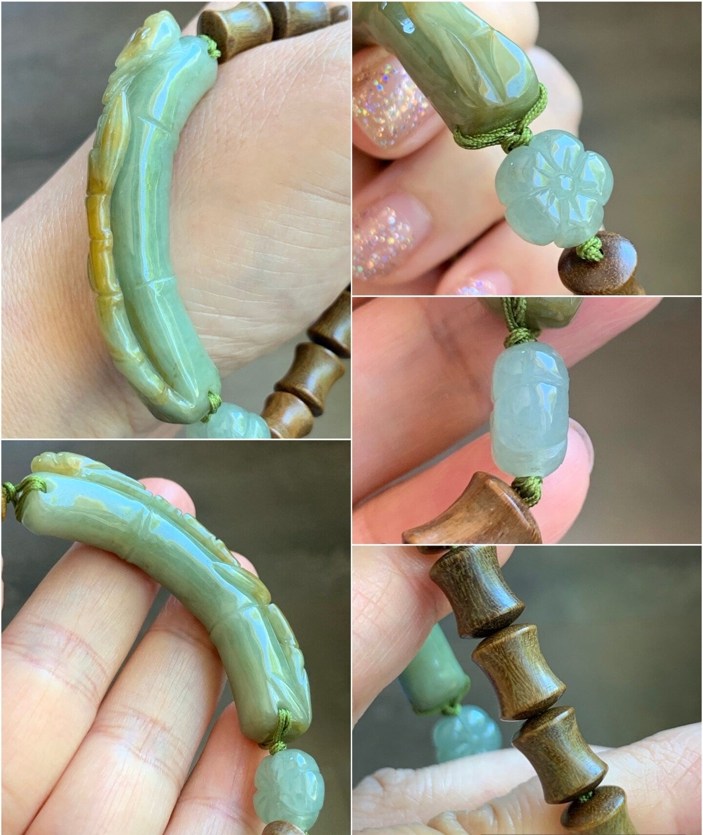 Natural Burmese Translucent Dusty Green Jadeite w/ Yellow Marbling Bamboo Cuff Green Sandalwood Beaded Bracelet 6.75” 21g 天然缅甸黄加绿翡翠竹节绿檀木手串