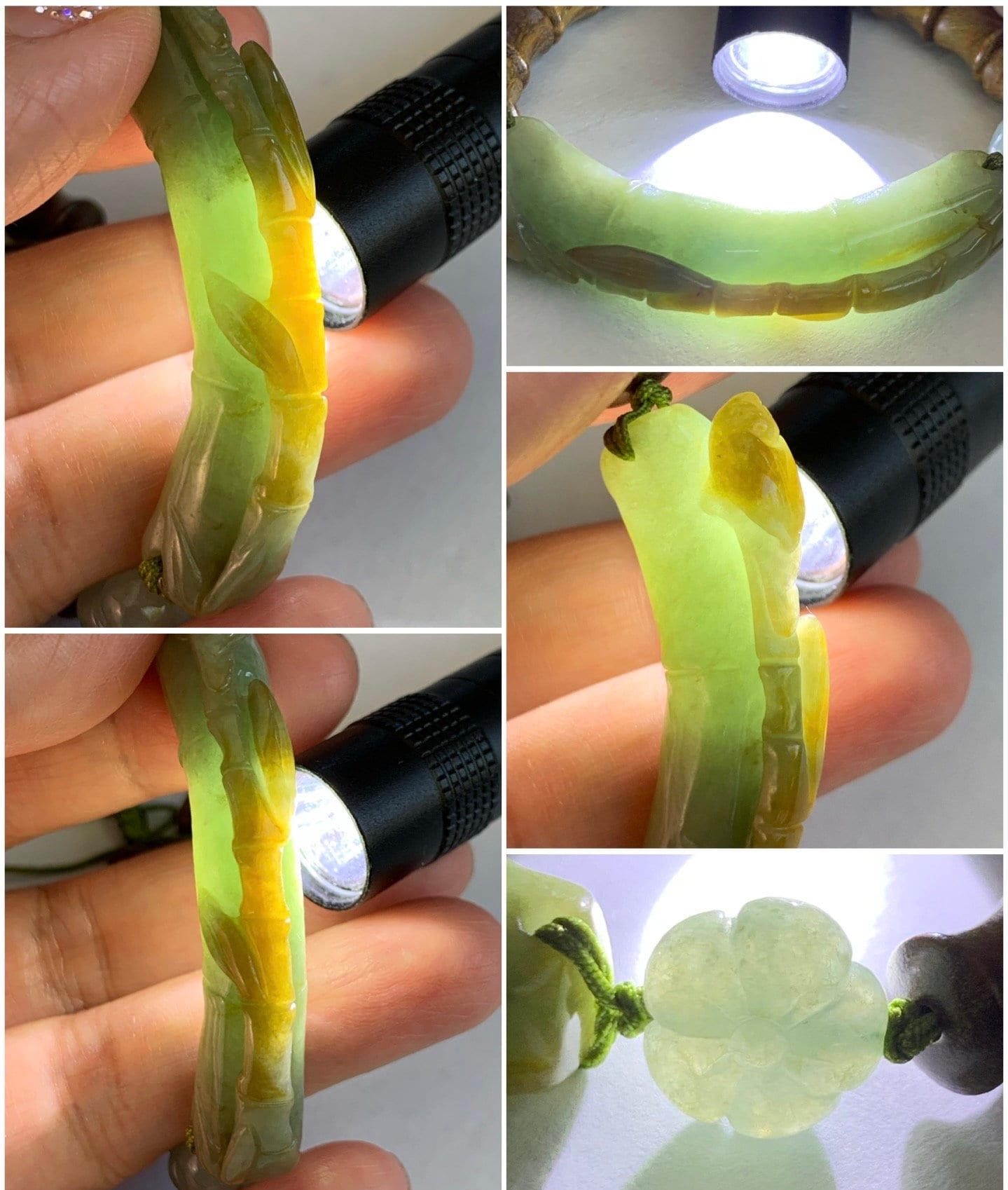 Natural Burmese Translucent Dusty Green Jadeite w/ Yellow Marbling Bamboo Cuff Green Sandalwood Beaded Bracelet 6.75” 21g 天然缅甸黄加绿翡翠竹节绿檀木手串