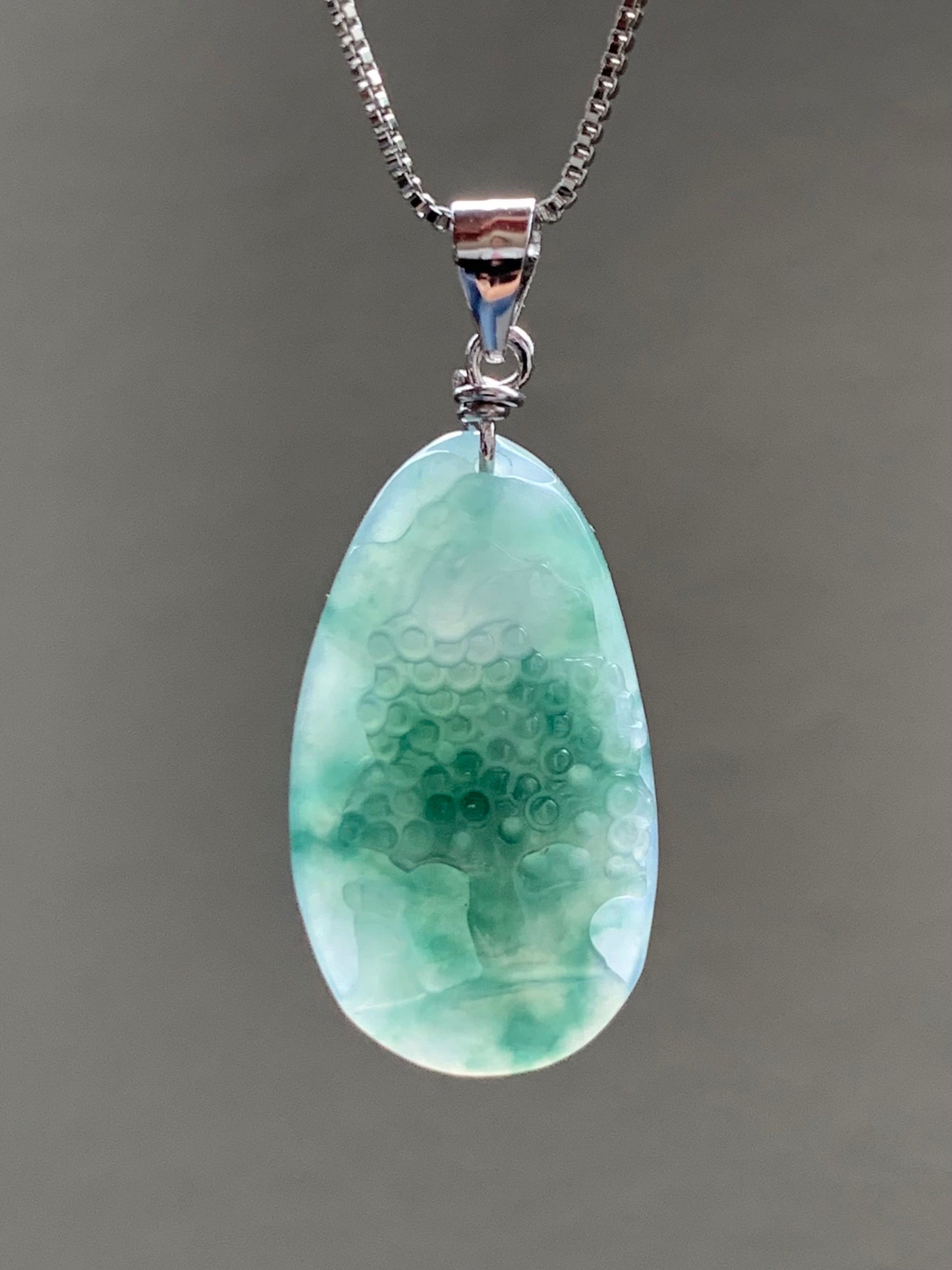 Natural Burmese Icy Translucent Gelatinous Teal Green Marbled Jadeite Shan Shui Pai Landscape Pendant Sterling Silver 4g 天然缅甸冰胶飘花翡翠山水牌吊坠