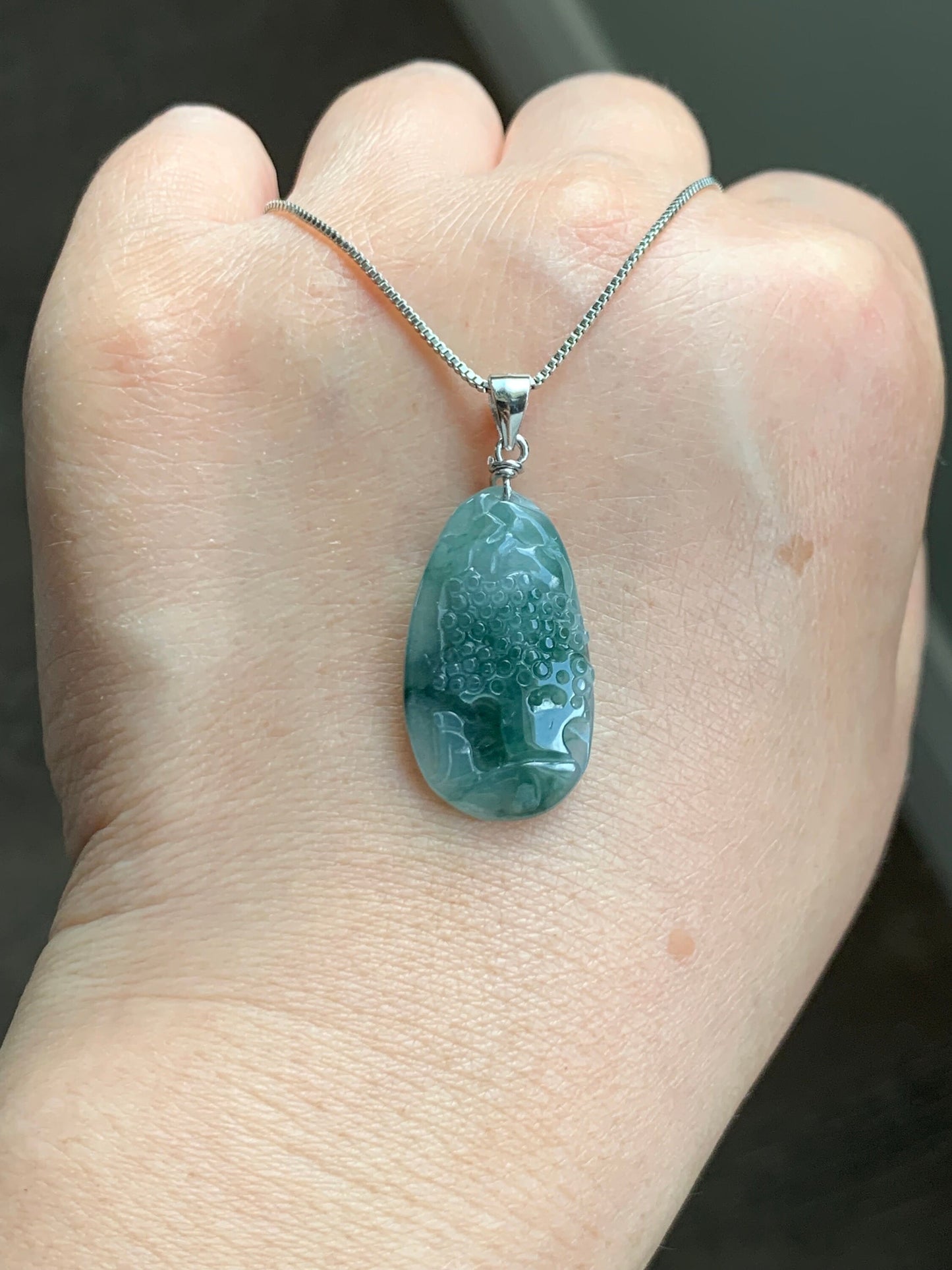 Natural Burmese Icy Translucent Gelatinous Teal Green Marbled Jadeite Shan Shui Pai Landscape Pendant Sterling Silver 4g 天然缅甸冰胶飘花翡翠山水牌吊坠