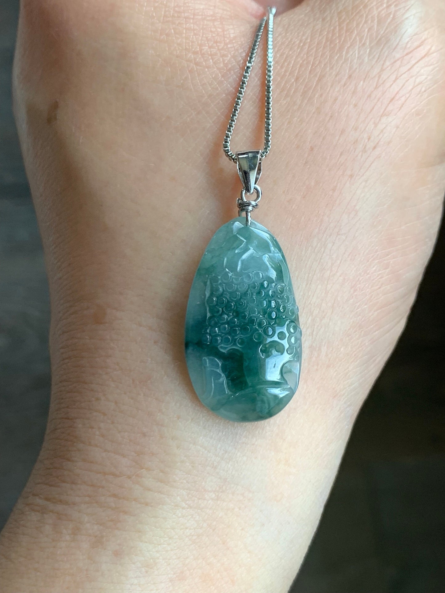 Natural Burmese Icy Translucent Gelatinous Teal Green Marbled Jadeite Shan Shui Pai Landscape Pendant Sterling Silver 4g 天然缅甸冰胶飘花翡翠山水牌吊坠