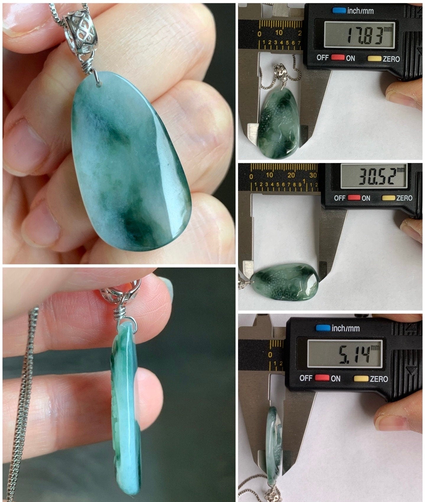 Natural Burmese Icy Translucent Gelatinous Dark Teal Green Marbled Jadeite Shan Shui Landscape Pendant Sterling Silver 6g 天然缅甸冰胶飘花翡翠山水牌吊坠
