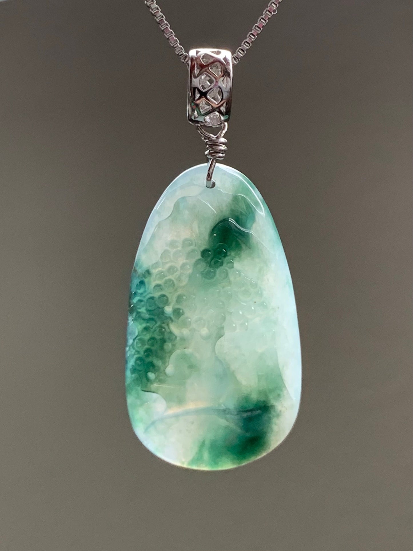 Natural Burmese Icy Translucent Gelatinous Dark Teal Green Marbled Jadeite Shan Shui Landscape Pendant Sterling Silver 6g 天然缅甸冰胶飘花翡翠山水牌吊坠