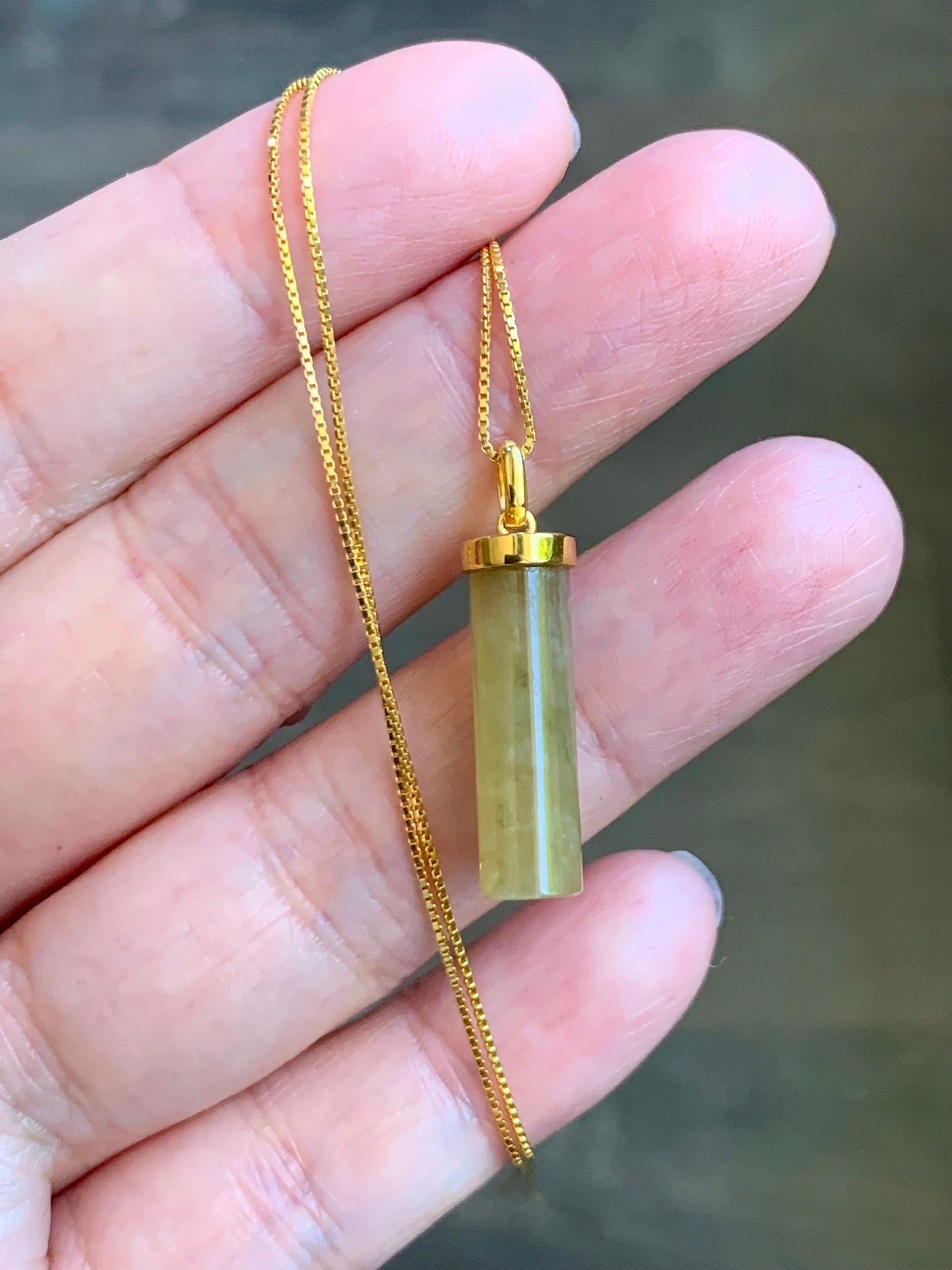 Certified Natural Burmese Icy Translucent Yellow Jadeite Pillar Cylinder Pendant 18K Yellow Gold 2.65g 天然缅甸冰黄翡翠圆柱镶嵌吊坠 7037