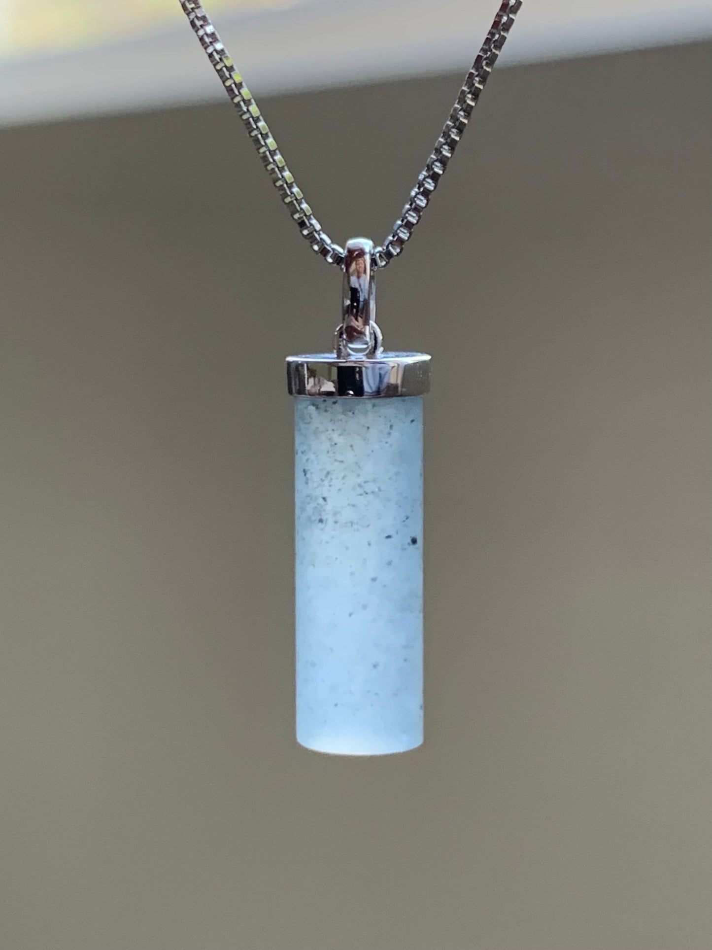 Certified Natural Burmese Icy Translucent Gelatinous Light Wuji Jadeite Cylinder Pendant 18K White Gold Bail 2.41g 天然缅甸冰乌鸡翡翠椭圆圆柱镶嵌吊坠 7036