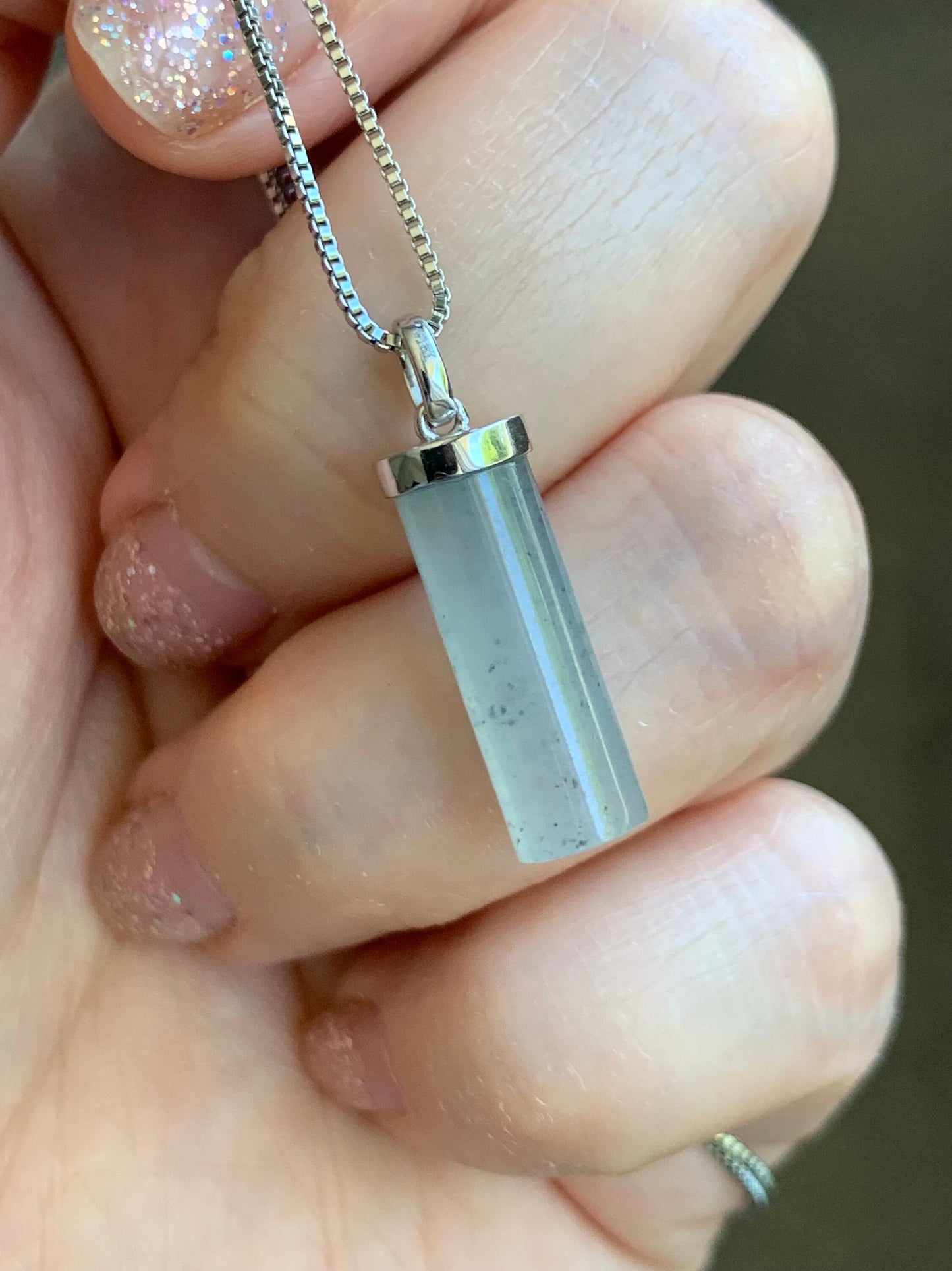 Certified Natural Burmese Icy Translucent Gelatinous Light Wuji Jadeite Cylinder Pendant 18K White Gold Bail 2.41g 天然缅甸冰乌鸡翡翠椭圆圆柱镶嵌吊坠 7036