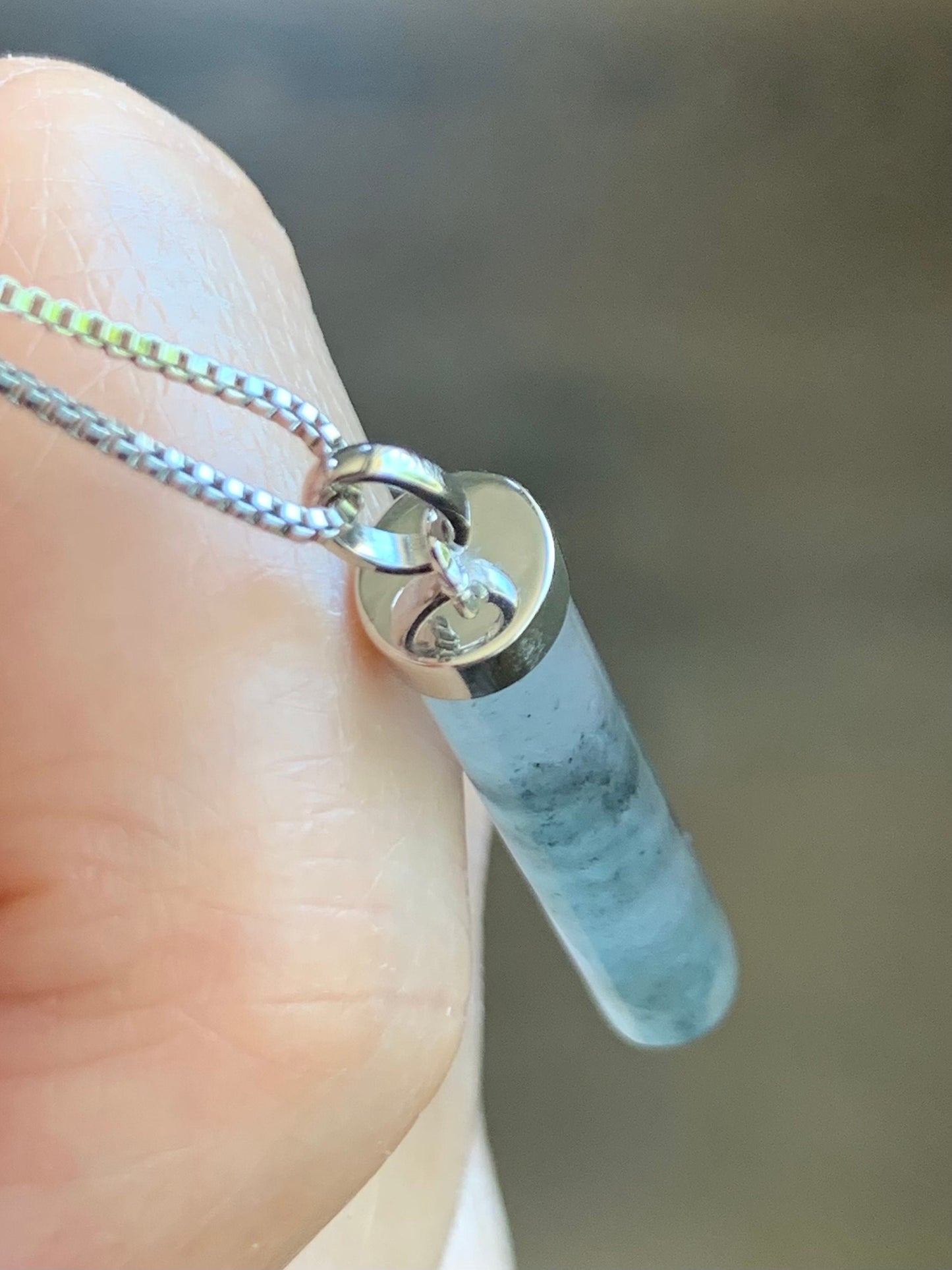 Certified Natural Burmese Icy Translucent Gelatinous Wuji Jadeite Cylinder Pendant 18K White Gold Bail 2.71g 天然缅甸冰乌鸡翡翠椭圆圆柱镶嵌吊坠 7038