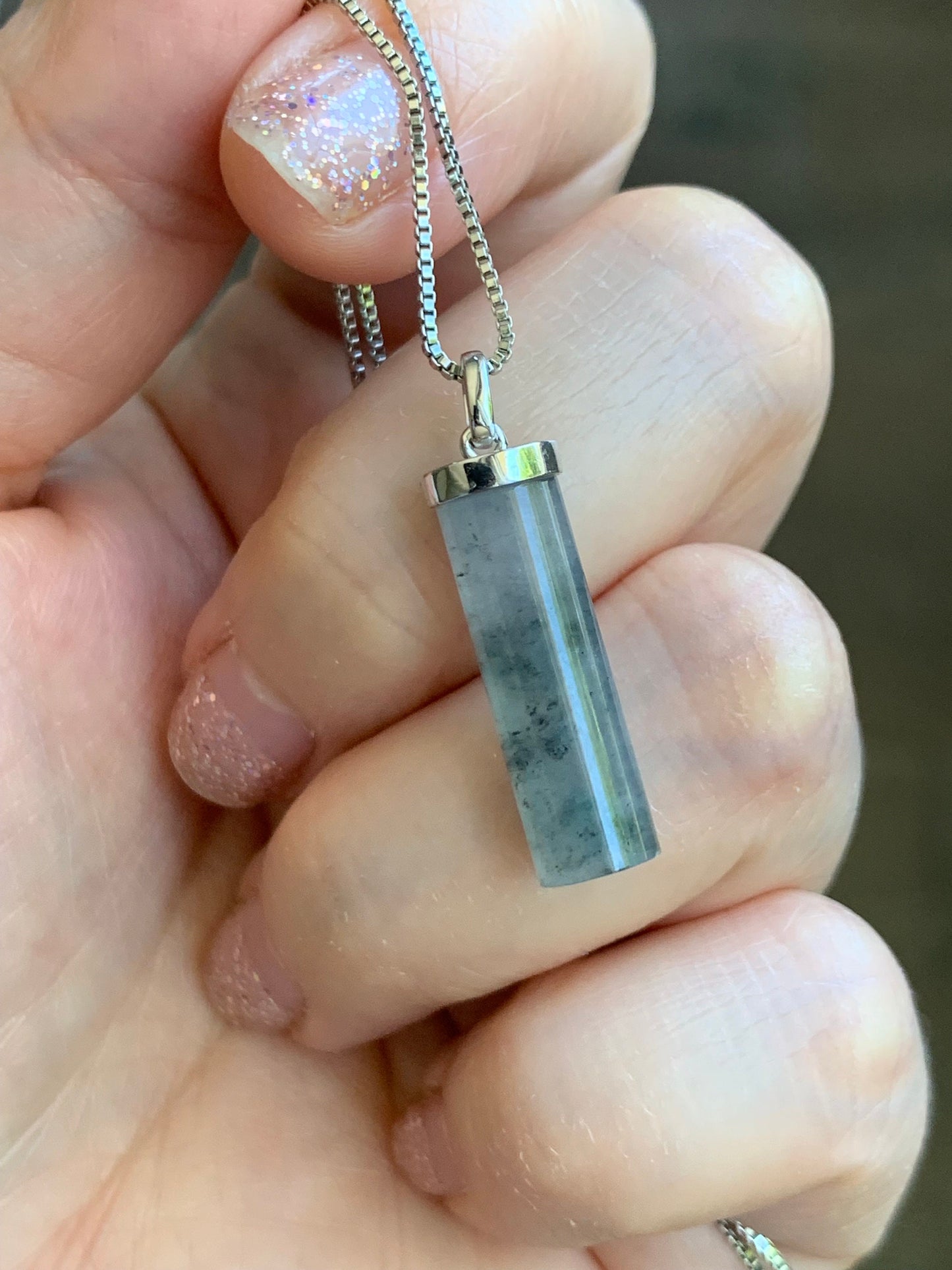Certified Natural Burmese Icy Translucent Gelatinous Wuji Jadeite Cylinder Pendant 18K White Gold Bail 2.71g 天然缅甸冰乌鸡翡翠椭圆圆柱镶嵌吊坠 7038
