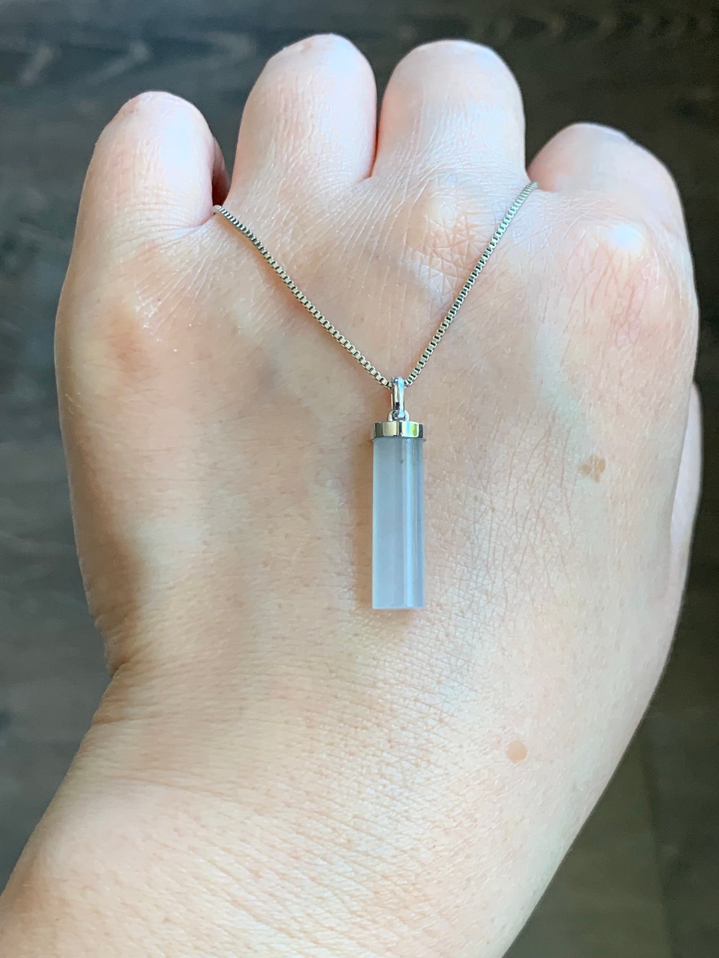 Certified Natural Burmese Icy Translucent Gelatinous White Jadeite Cylinder Pendant 18K White Gold Bail 2.11g 天然缅甸白冰胶翡翠椭圆圆柱镶嵌吊坠 7035