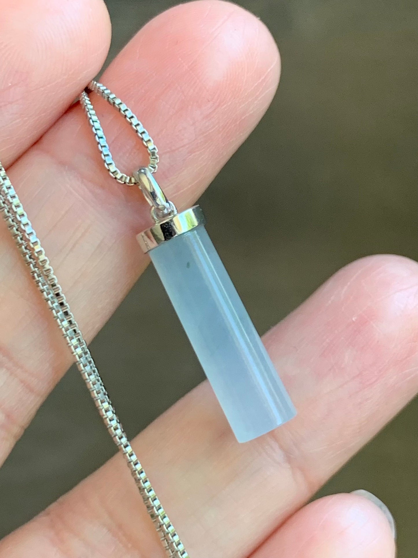 Certified Natural Burmese Icy Translucent Gelatinous White Jadeite Cylinder Pendant 18K White Gold Bail 2.11g 天然缅甸白冰胶翡翠椭圆圆柱镶嵌吊坠 7035